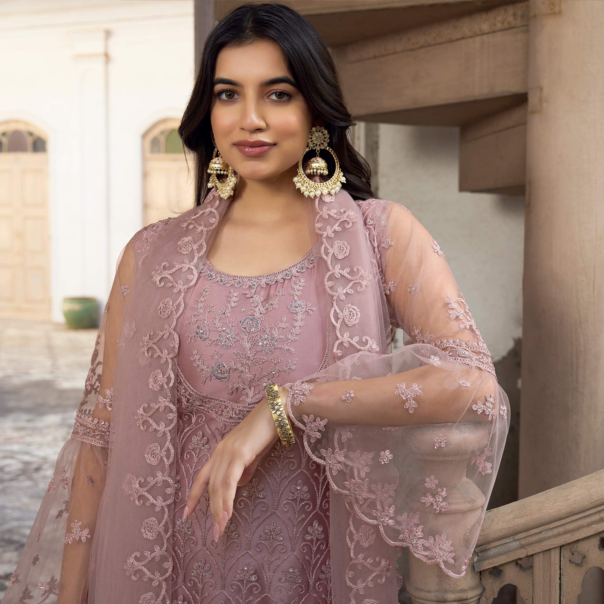 Mauve Floral Embroidered Net Semi Stitched Pakistani Suit