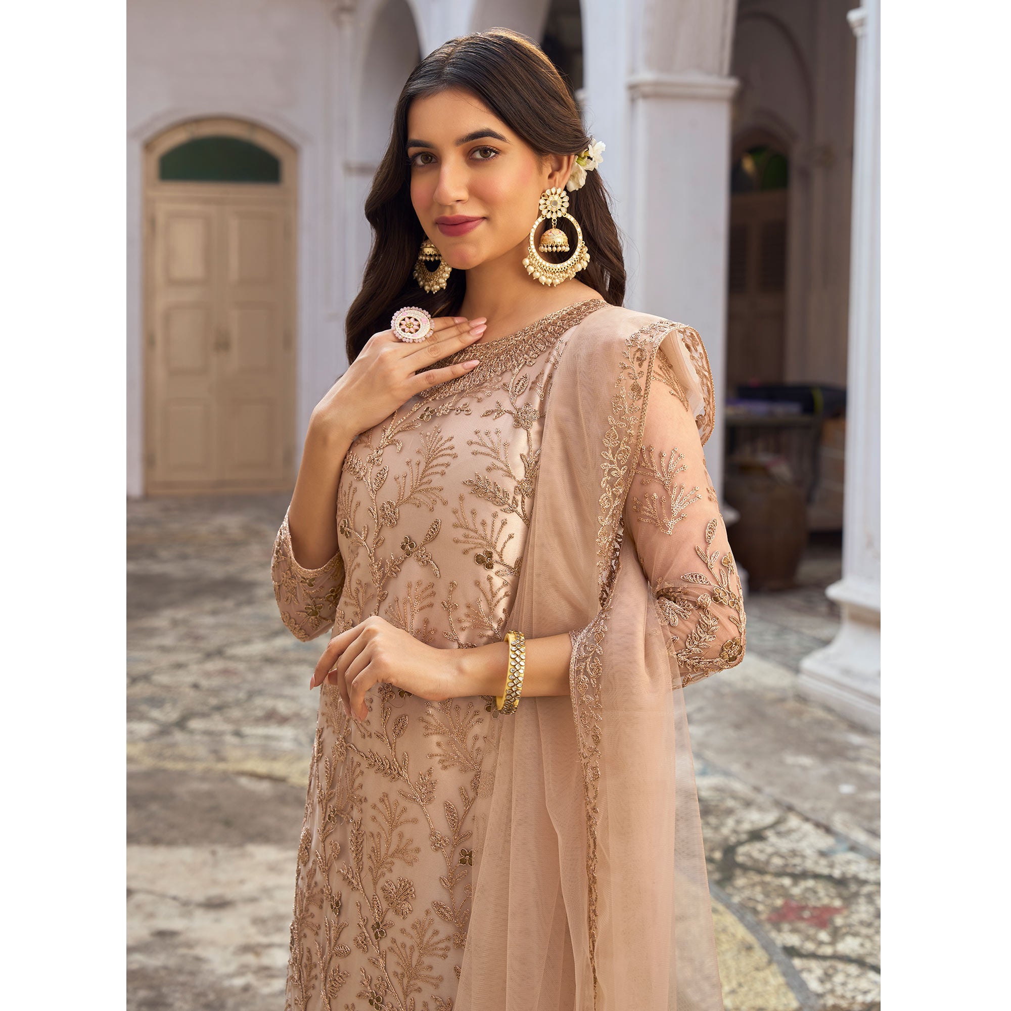 Chikoo Floral Embroidered Net Semi Stitched Suit