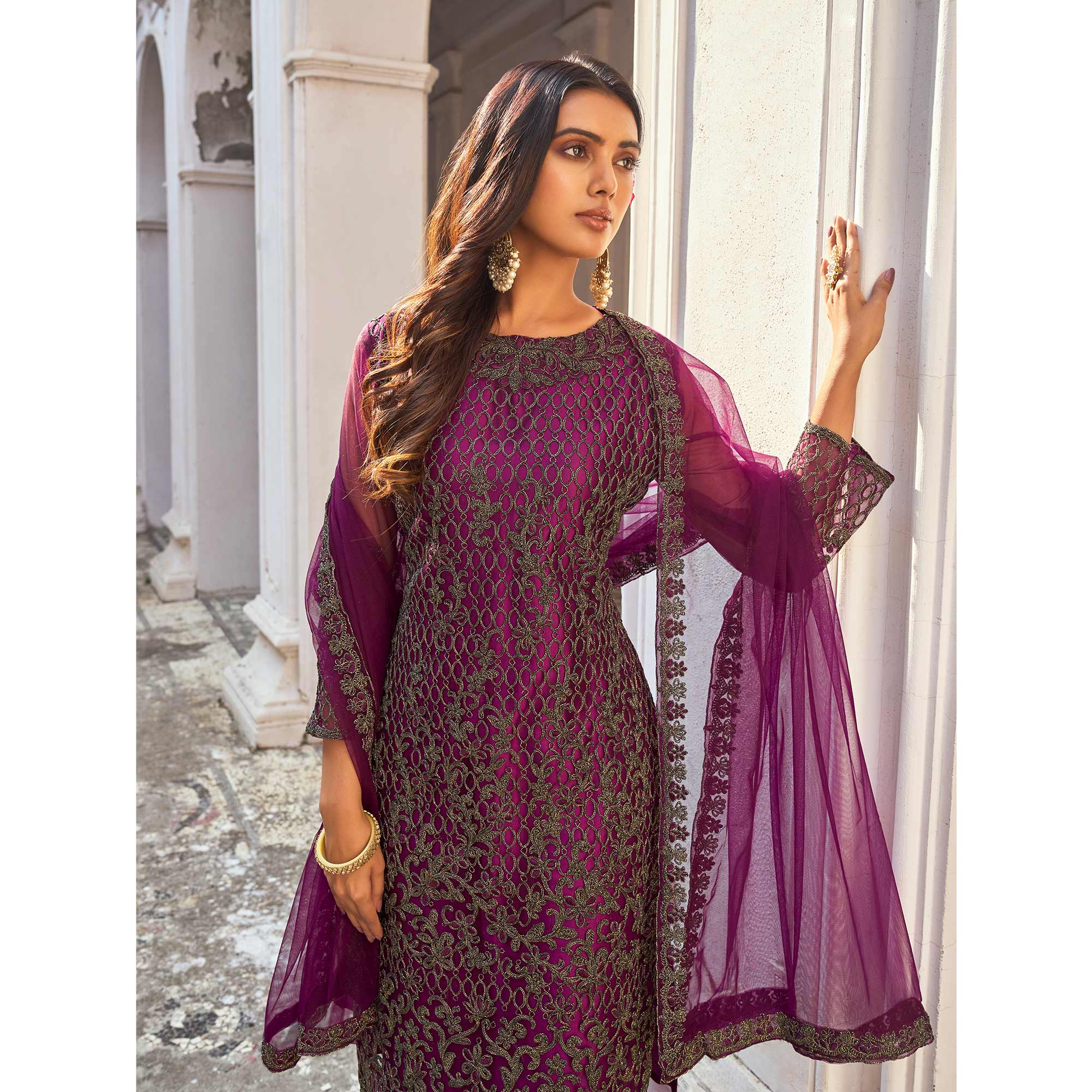 Purple Floral Embroidered Net Semi Stitched Pakistani Suit