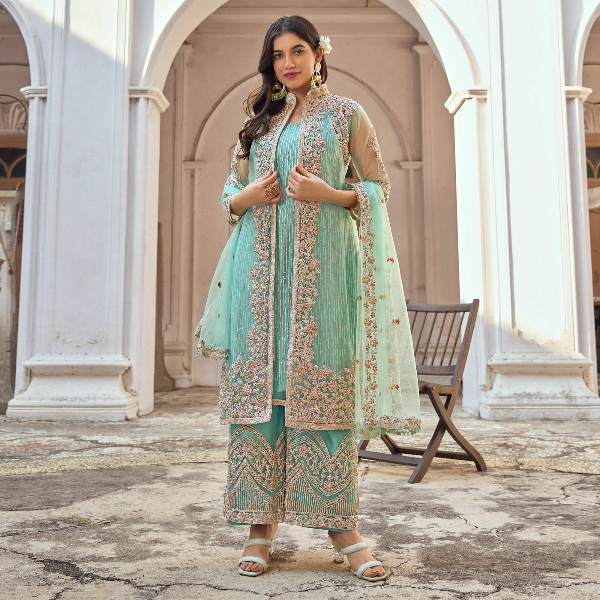 Turquoise Floral Embroidered Net Semi Stitched Suit