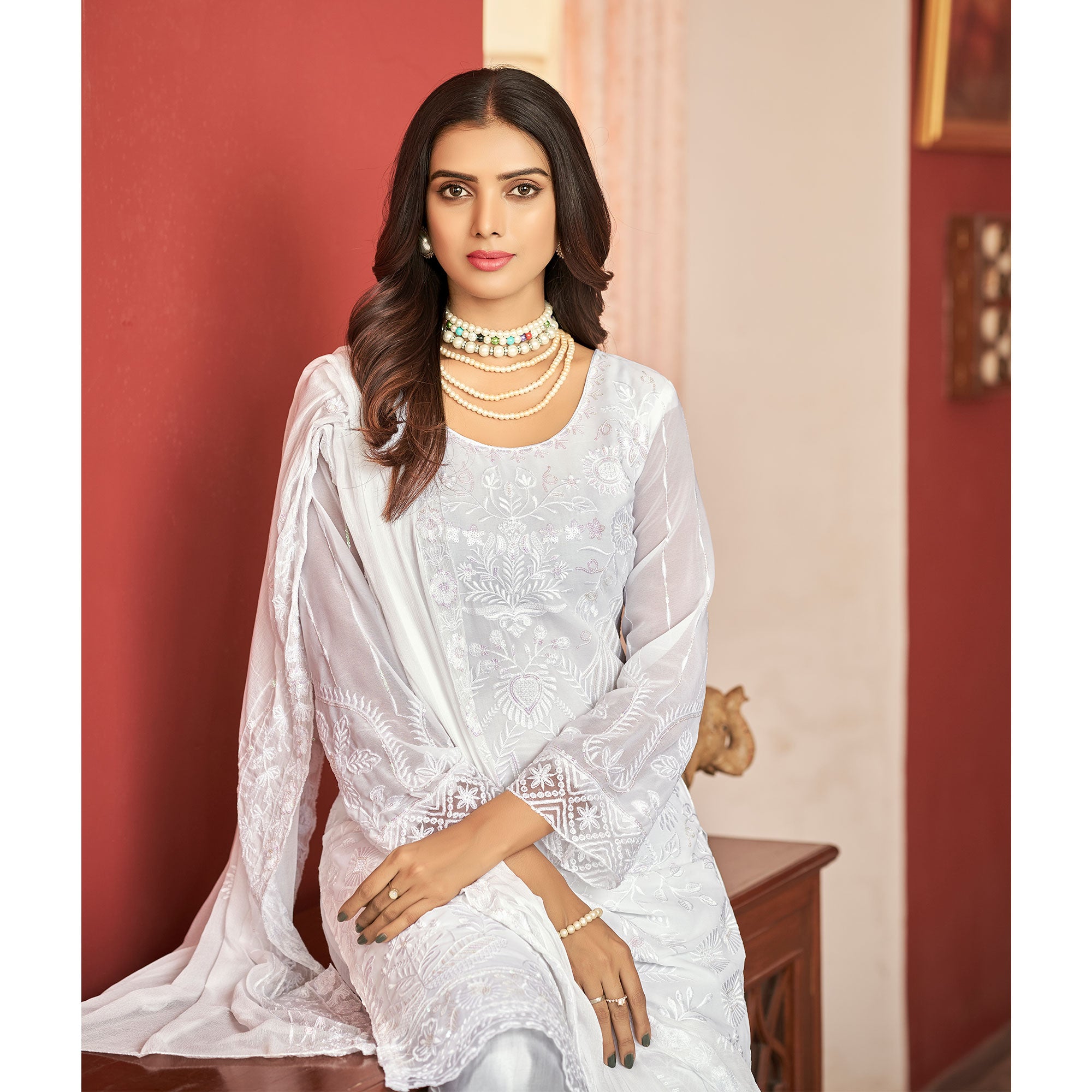 White Floral Sequins Embroidered Georgette Semi Stitched Pakistani Suit