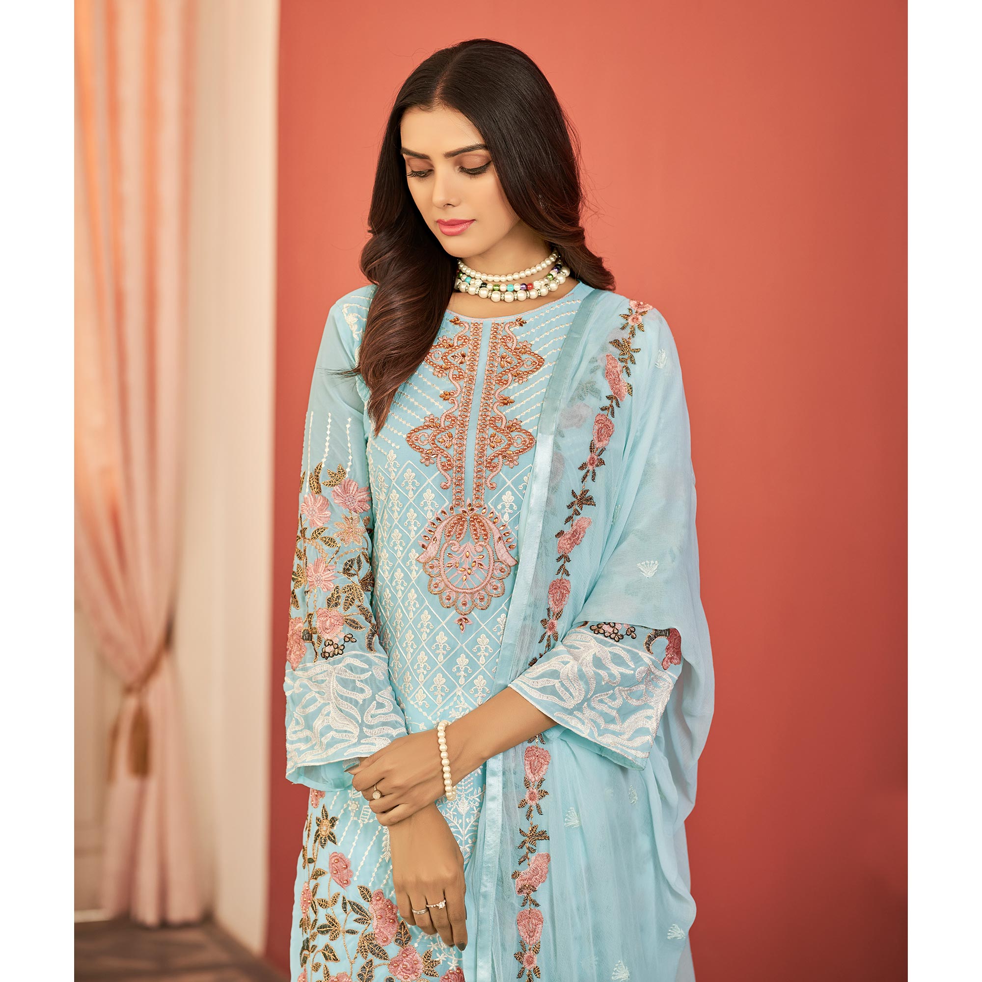 Blue Floral Sequins Embroidered Georgette Semi Stitched Pakistani Suit