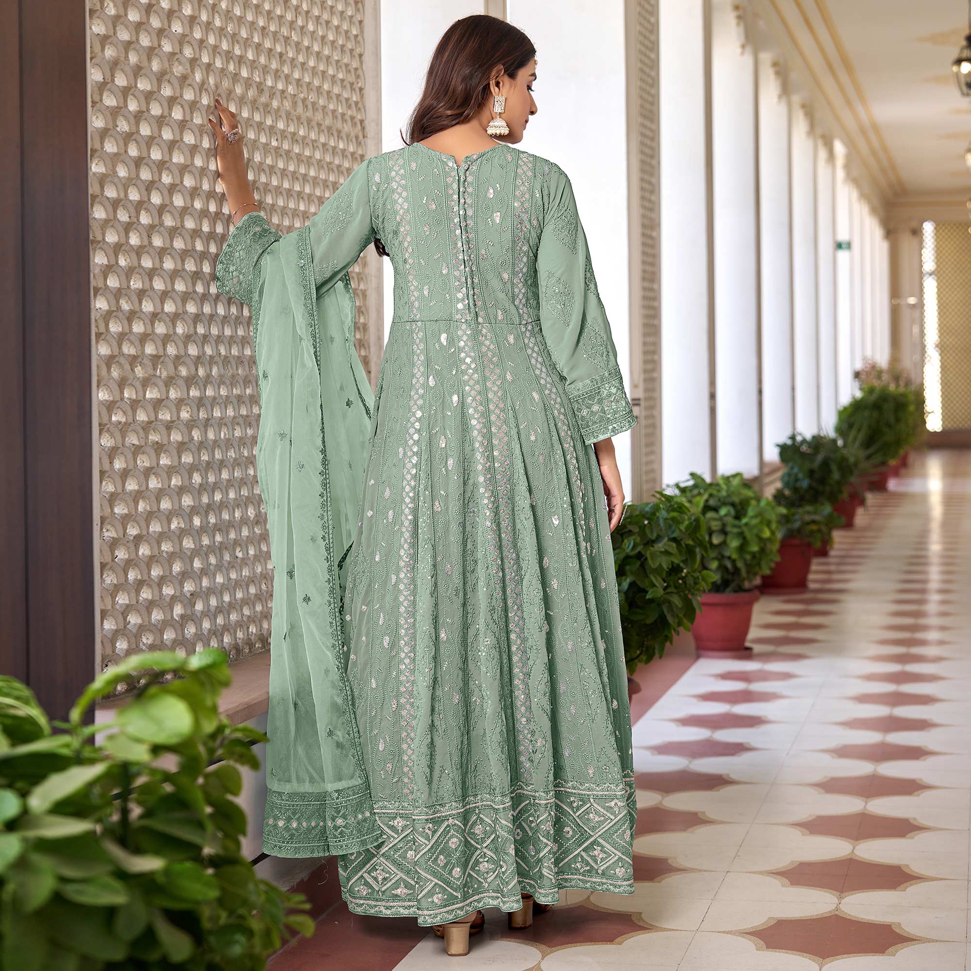 Mint Green Floral Sequins Embroidered Georgette Semi Stiched Suit