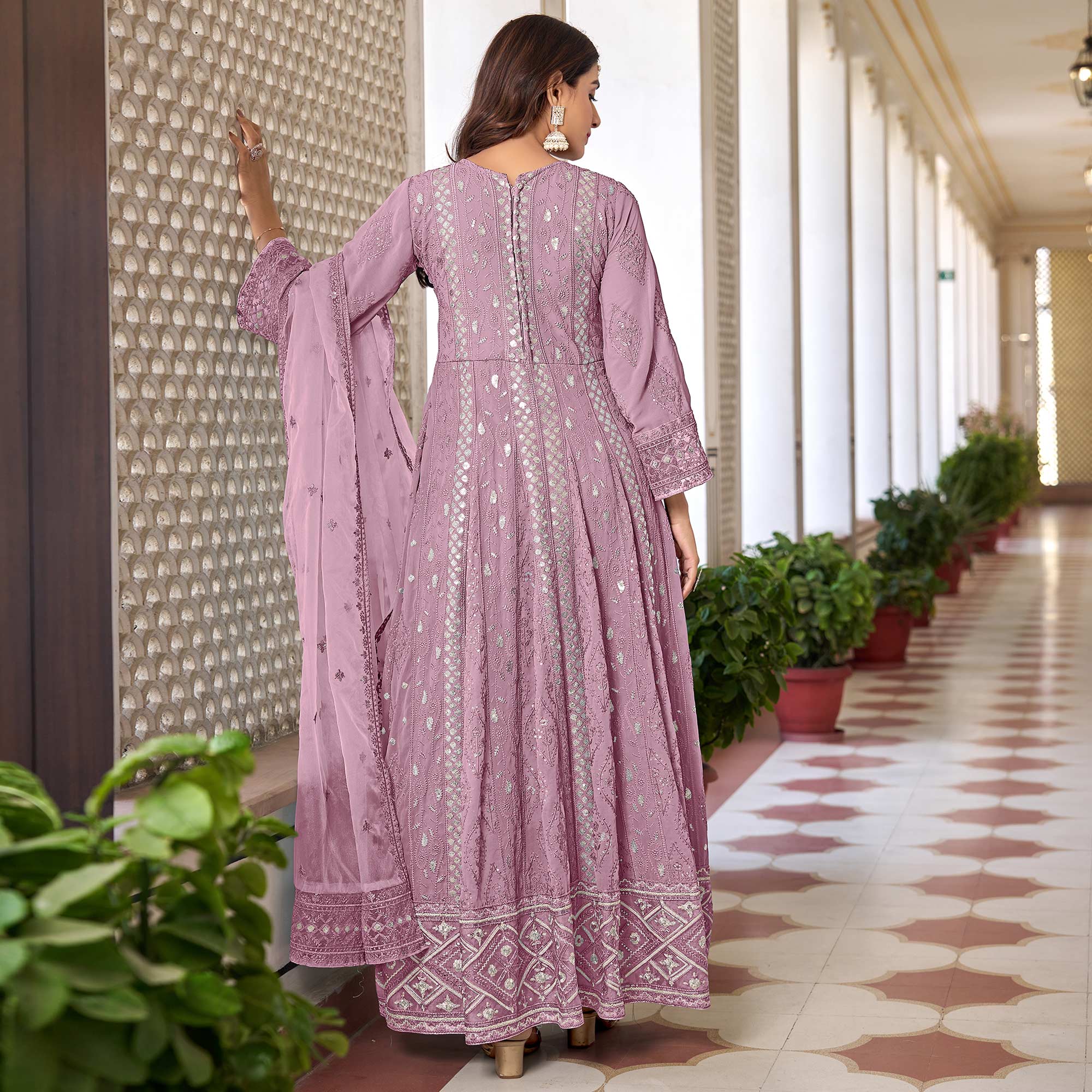 Pink Floral Sequins Embroidered Georgette Semi Stiched Suit