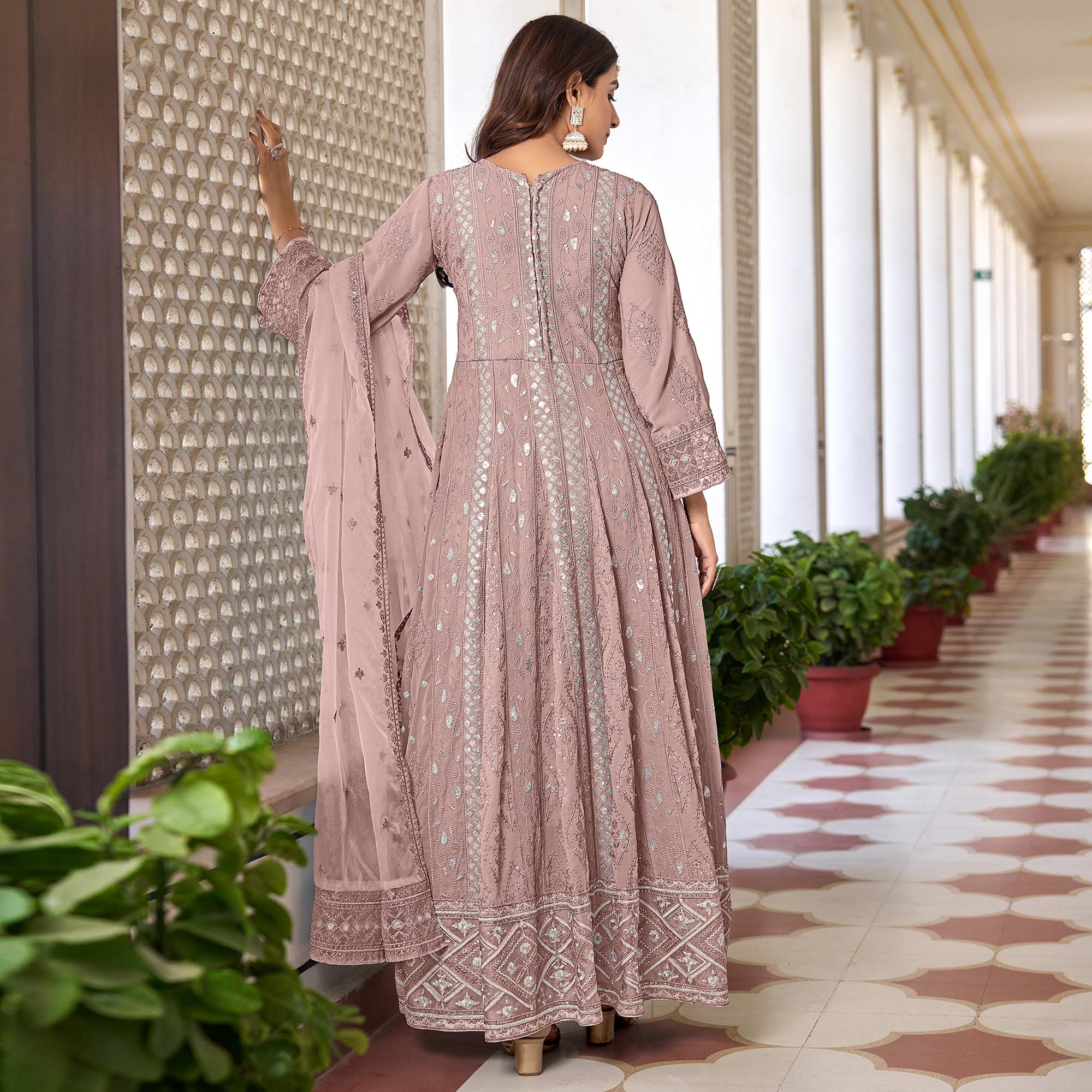 Dusty Peach Floral Sequins Embroidered Georgette Semi Stiched Suit