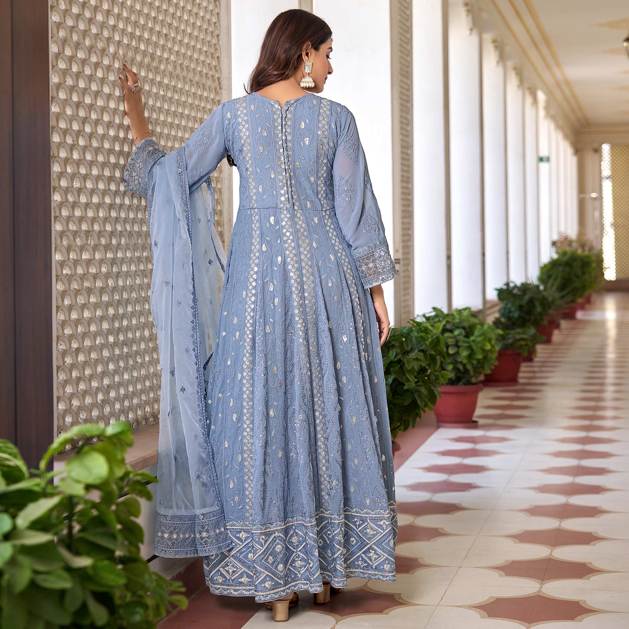 Blue Floral Sequins Embroidered Georgette Semi Stiched Suit