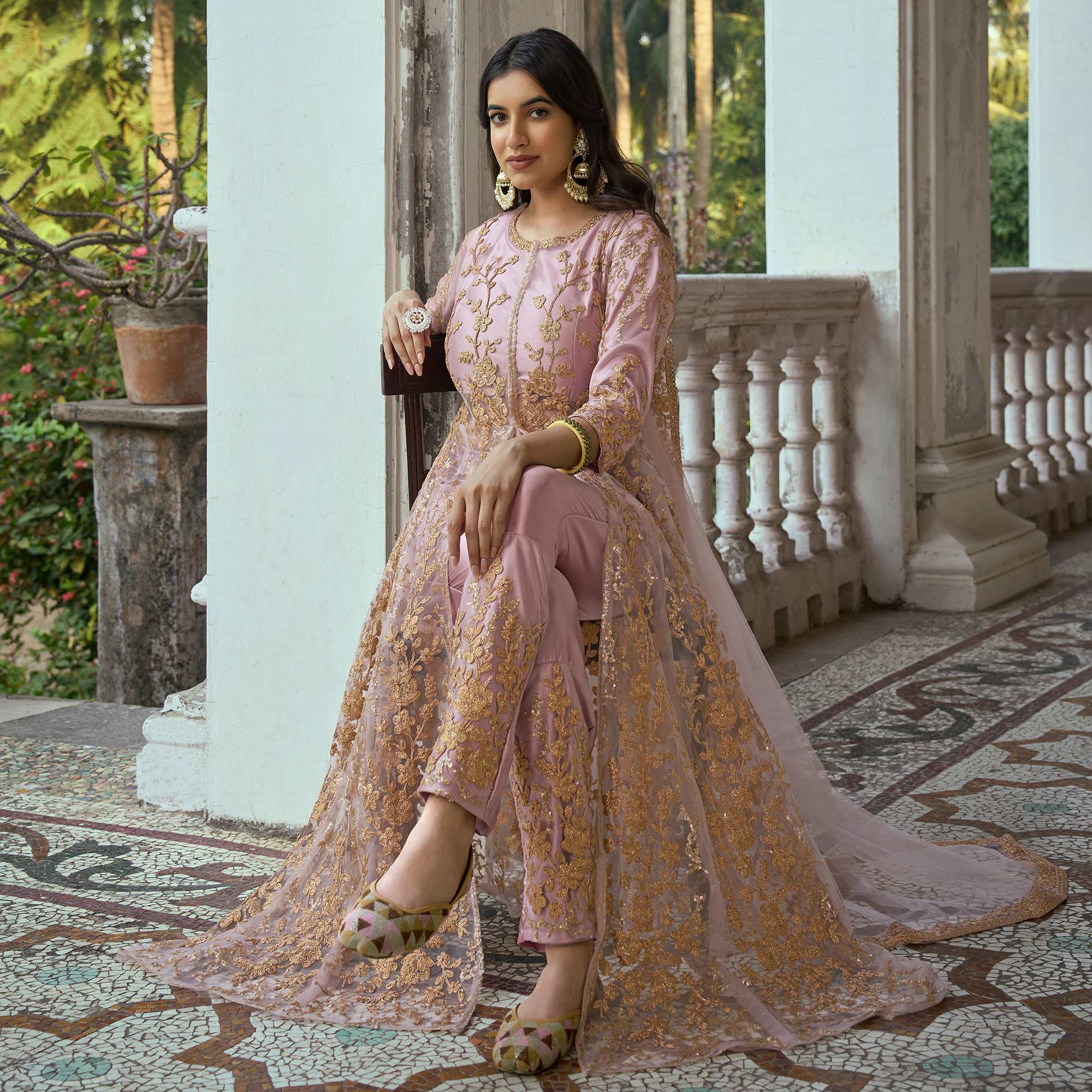 Mauve Floral Sequins Embroidered Net Semi Stiched Suit