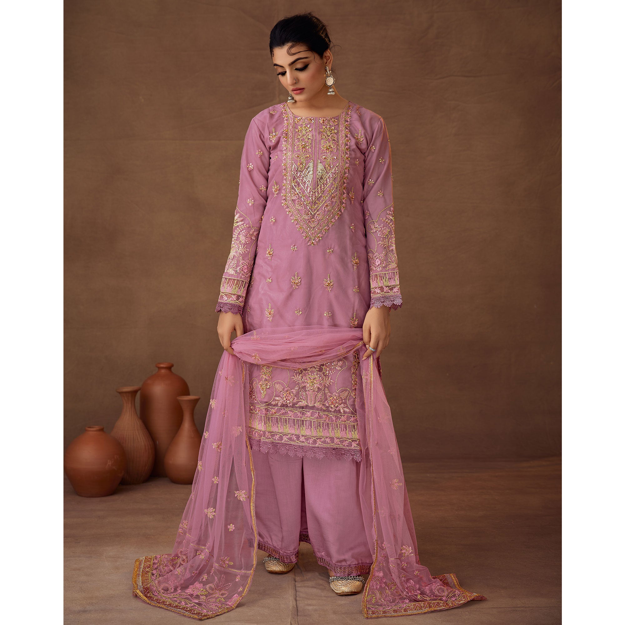 Pink Floral Embroidered Organza Semi Stitched Pakistani Suit