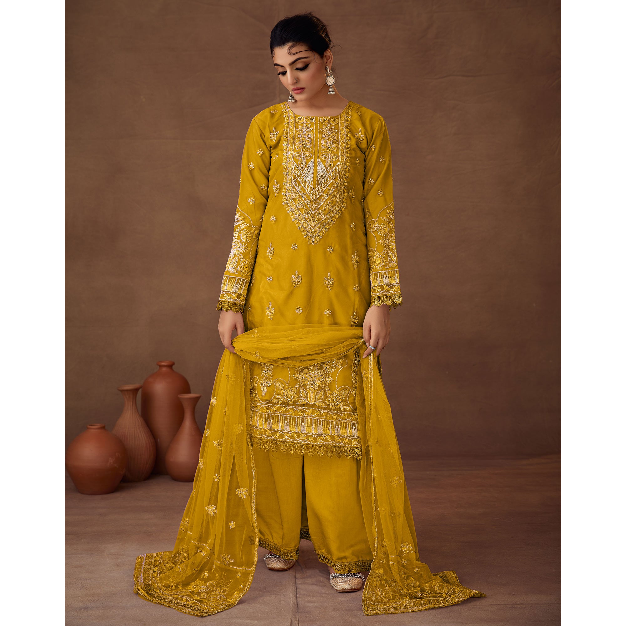 Mustard Floral Embroidered Organza Semi Stitched Pakistani Suit
