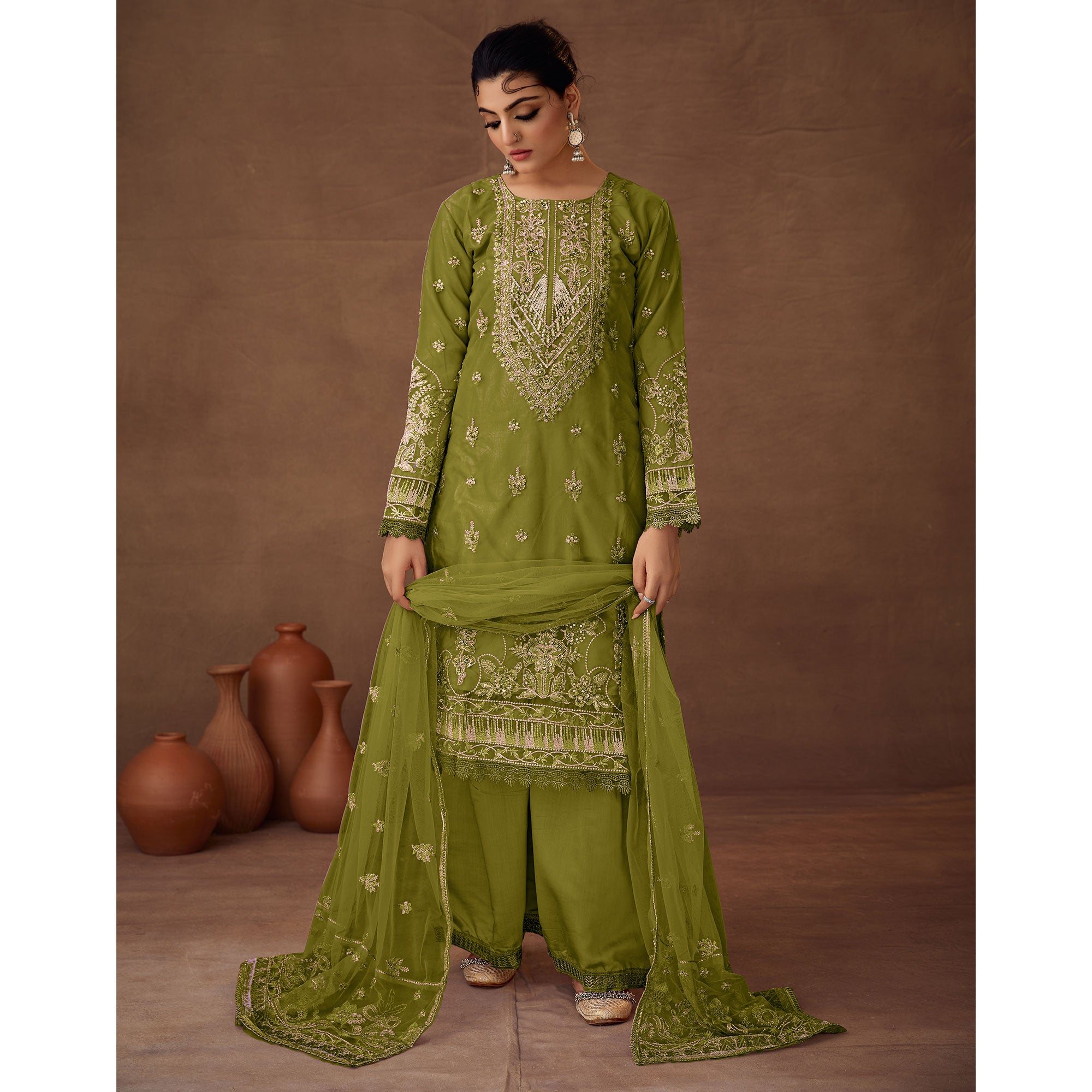 Green Floral Embroidered Organza Semi Stitched Pakistani Suit