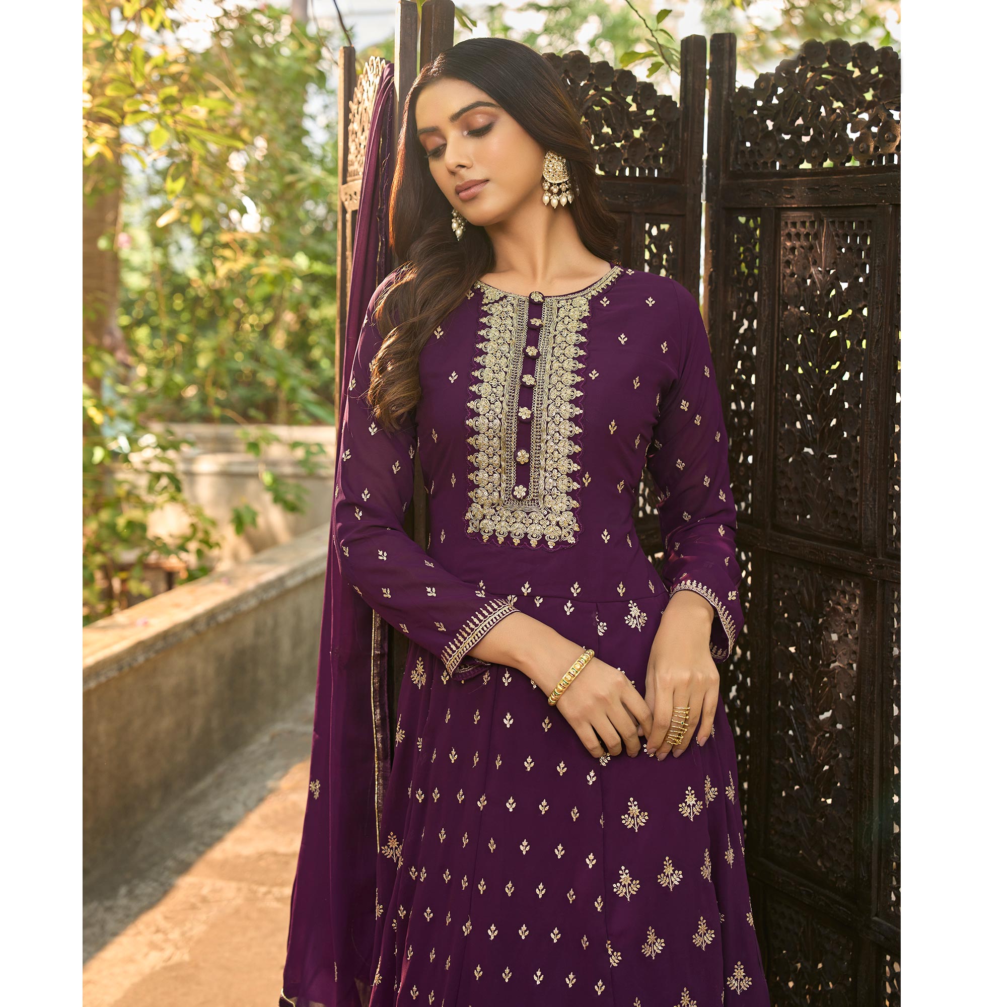 Wine Floral Sequins Embroidered Georgette Semi Stitched Anarkali Suit