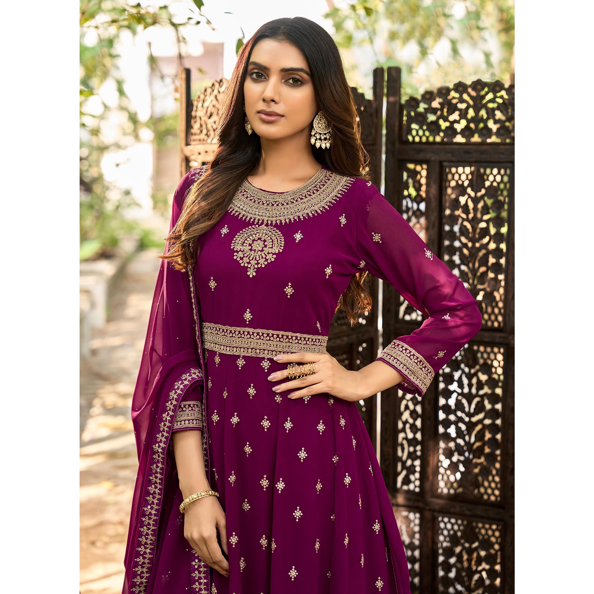 Purple Floral Sequins Embroidered Georgette Semi Stitched Anarkali Suit