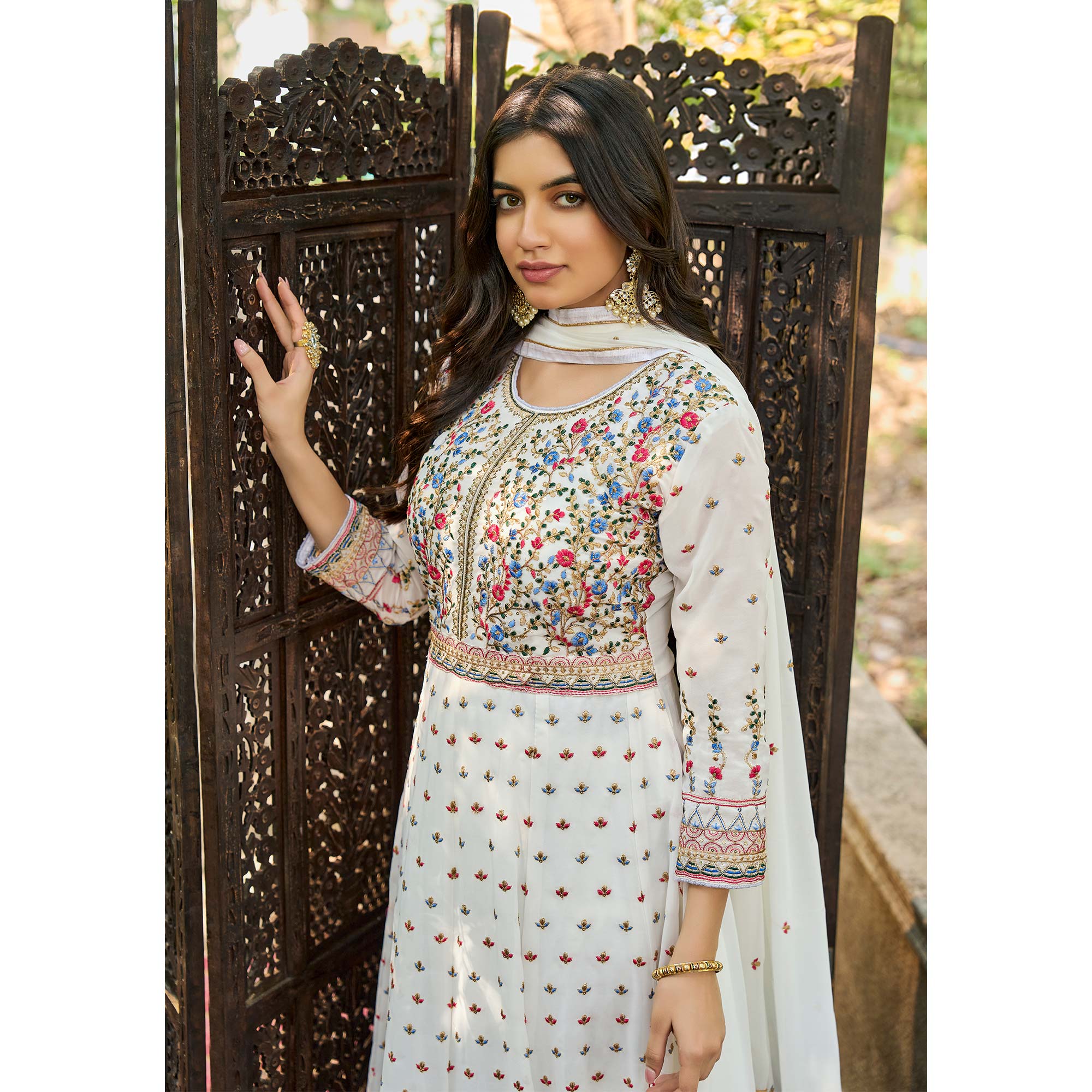 White Floral Sequins Embroidered Georgette Semi Stitched Anarkali Suit