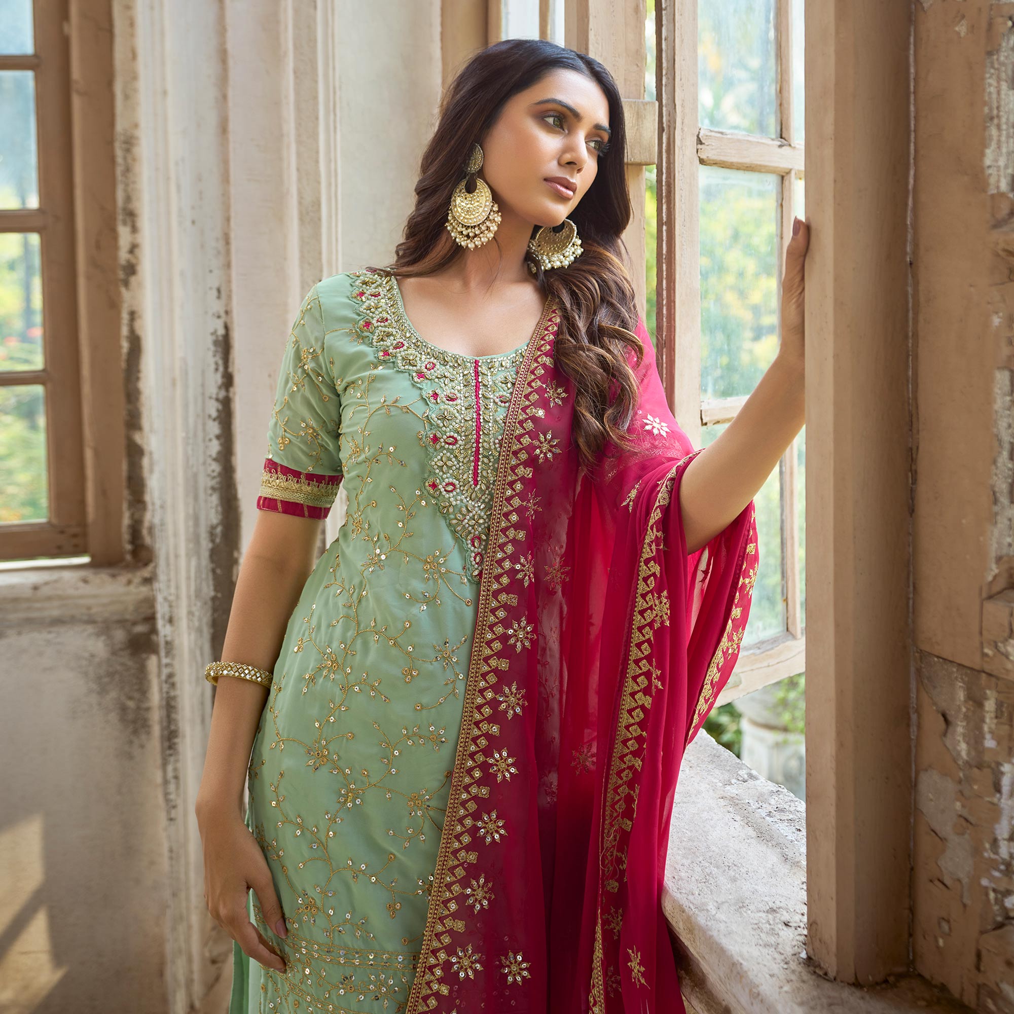 Green Floral Embroidered Georgette Semi Stitched Suit