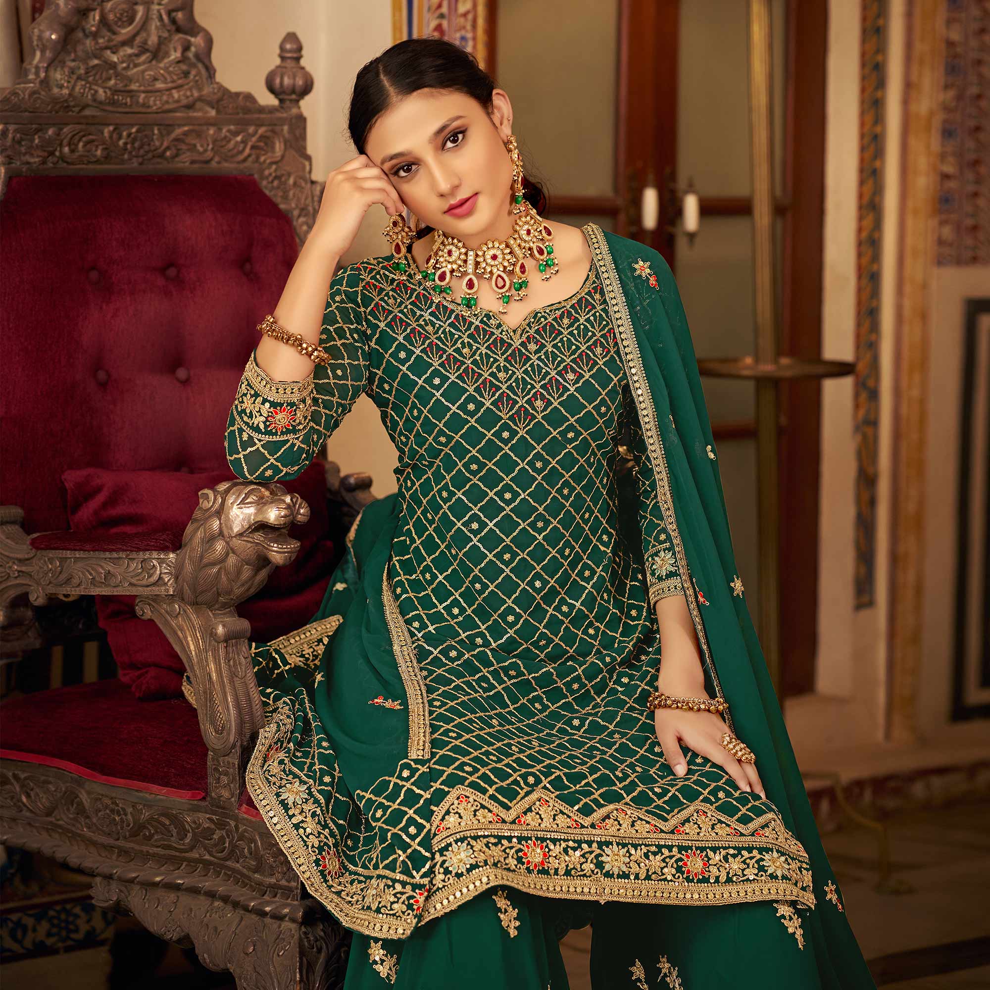 Green Sequins Embroidered Chinon Semi Stitched Suit