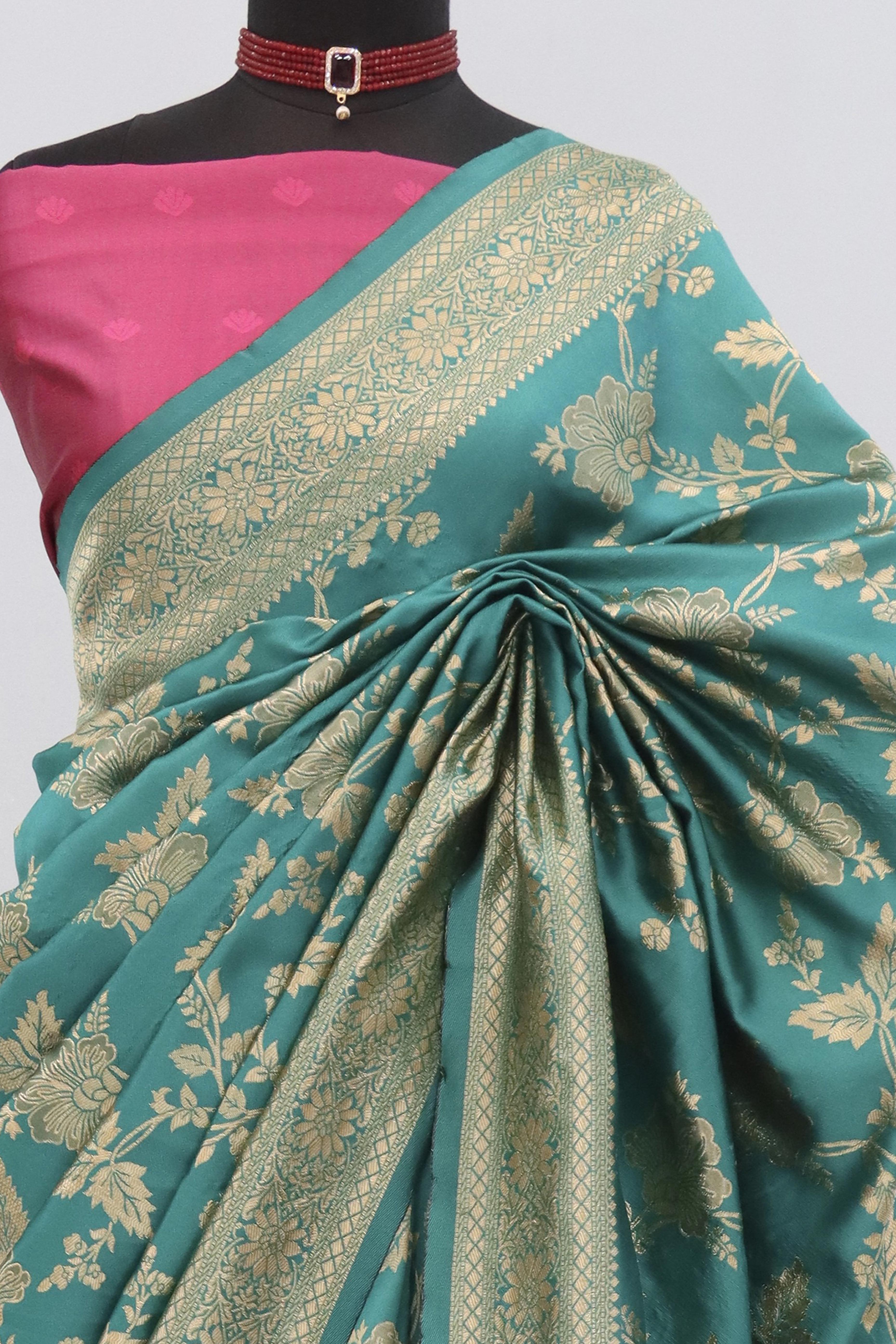 Graceful Rama Blue & Pink Banarasi Silk Saree Featuring Intricate Floral Zari Weaving Work