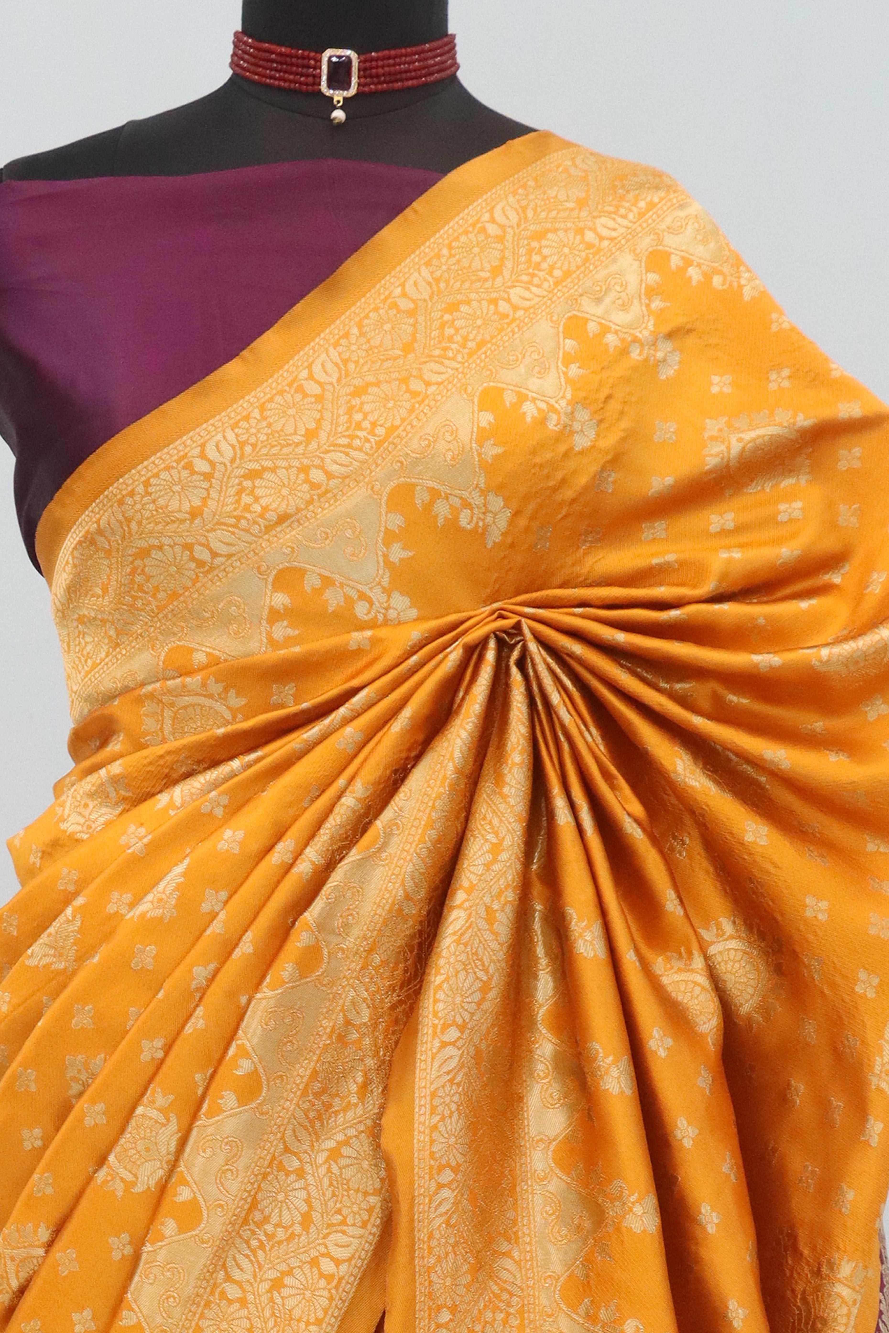 Classic Orange & Purple Silk Banarasi Saree Showcasing Delicate Floral Zari Weaving