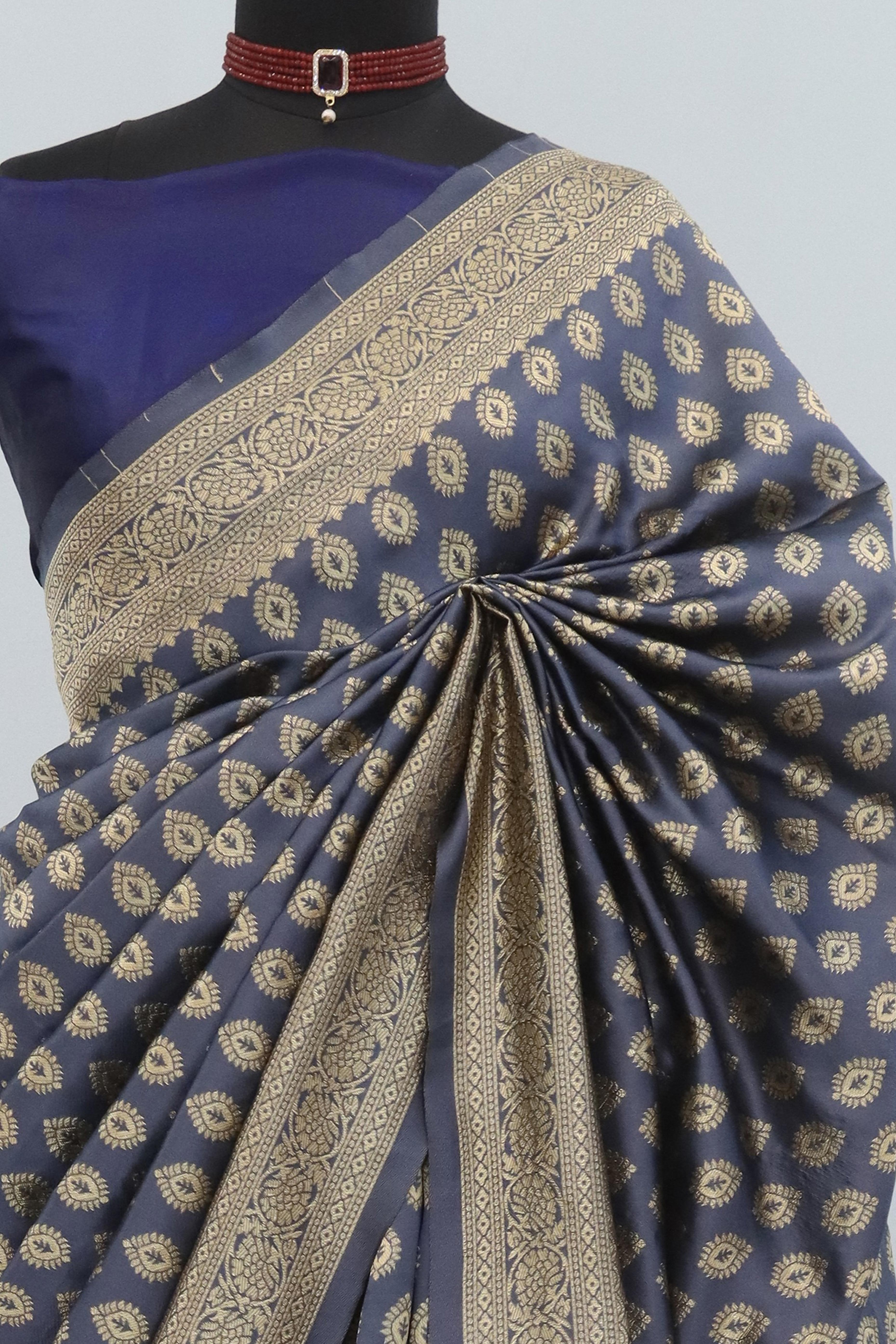 Grey Floral Zari Woven Banarasi Silk Saree For Timeless Elegance