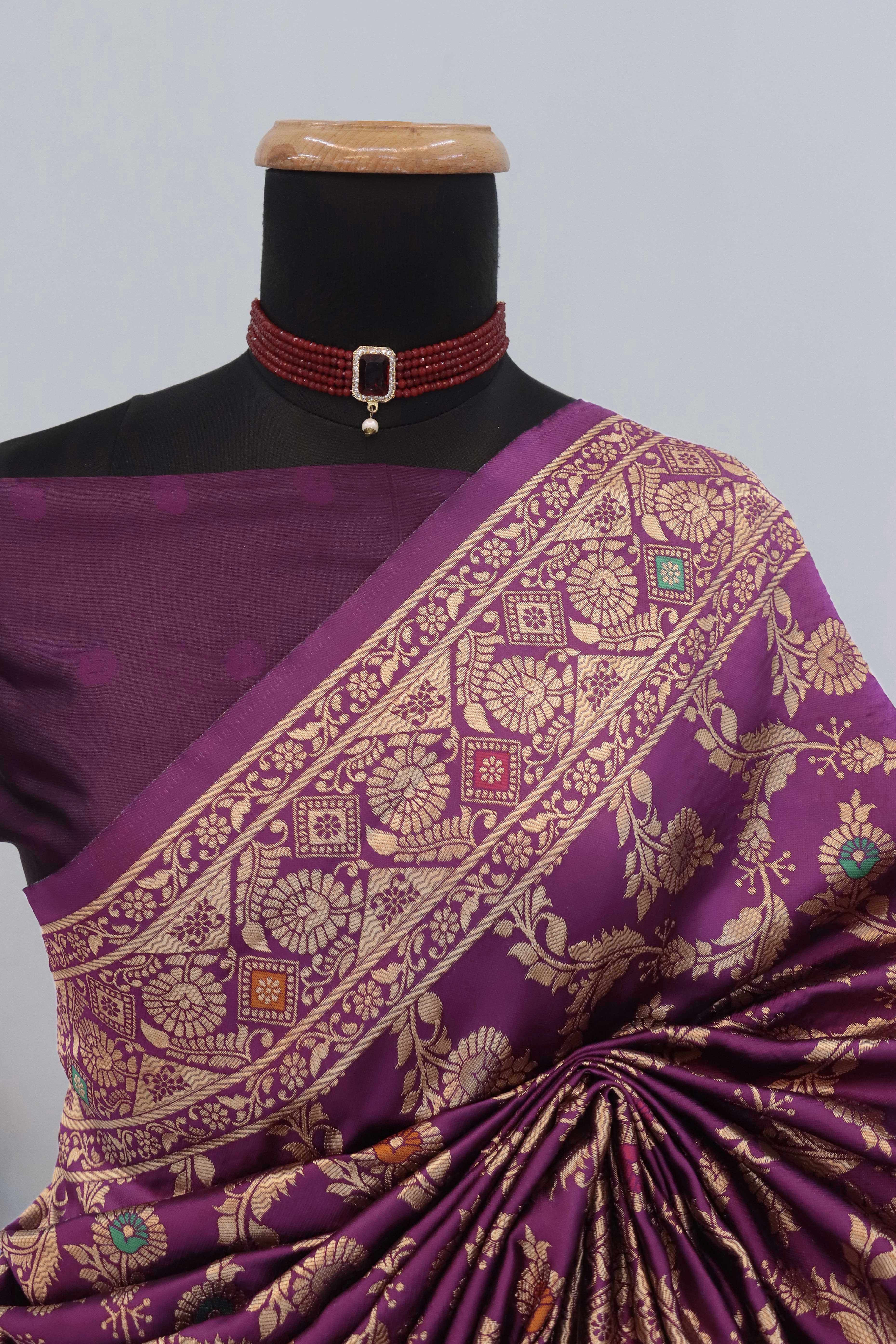 Classic Wine Silk Banarasi Saree Showcasing Delicate Floral Zari Weaving