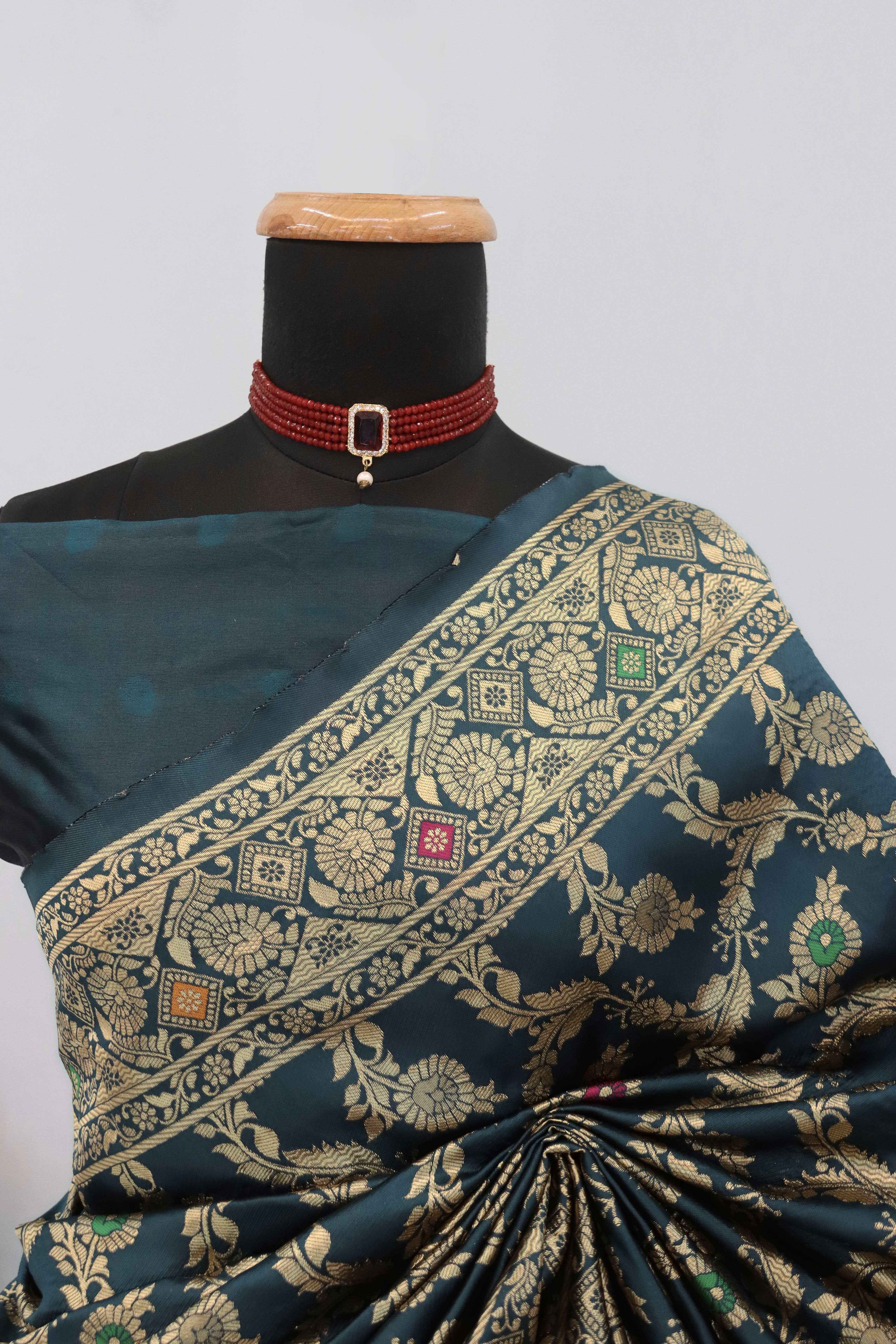 Classic Morpich Blue Silk Banarasi Saree Showcasing Delicate Floral Zari Weaving