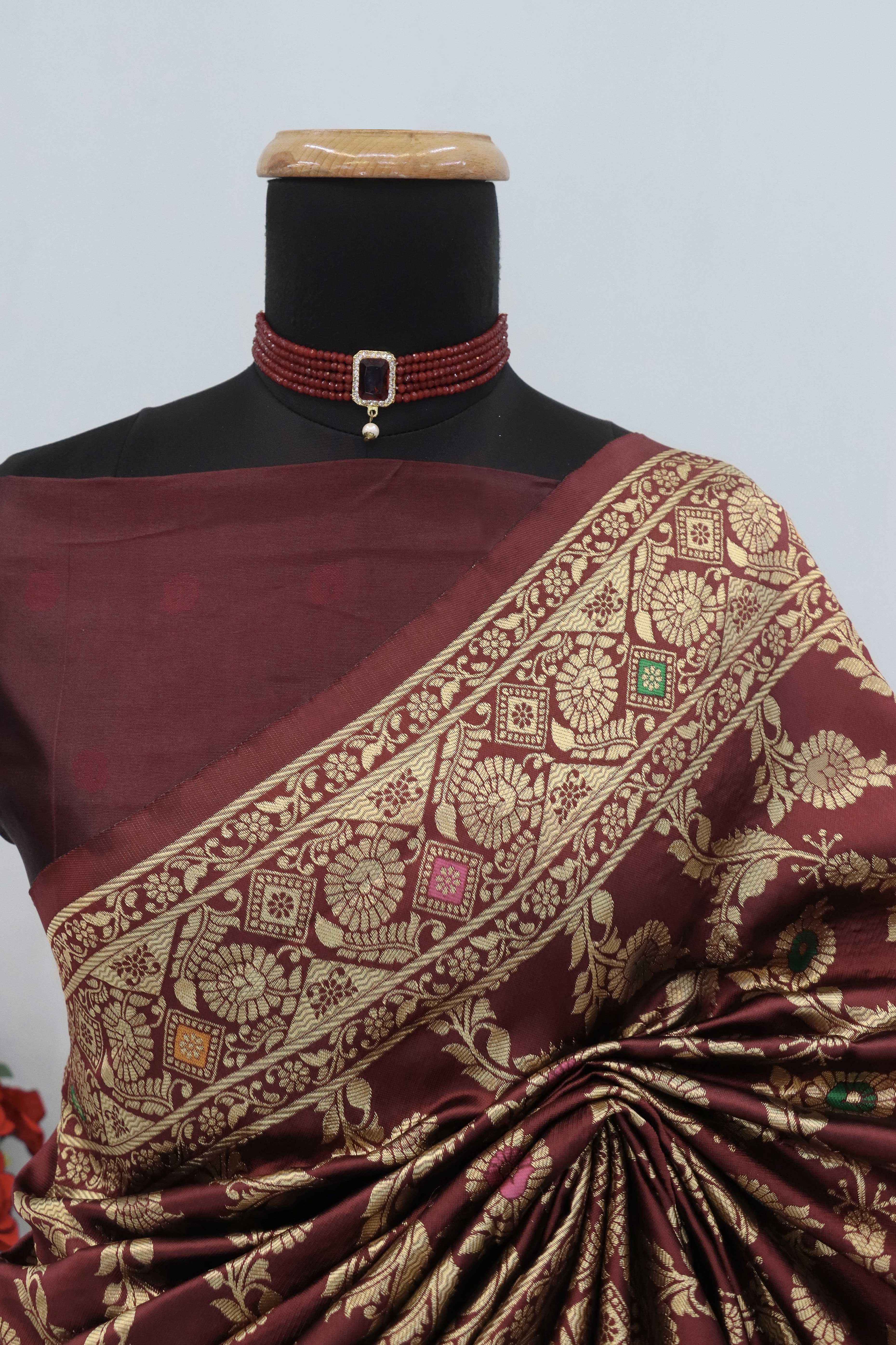 Classic Dark Maroon Silk Banarasi Saree Showcasing Delicate Floral Zari Weaving