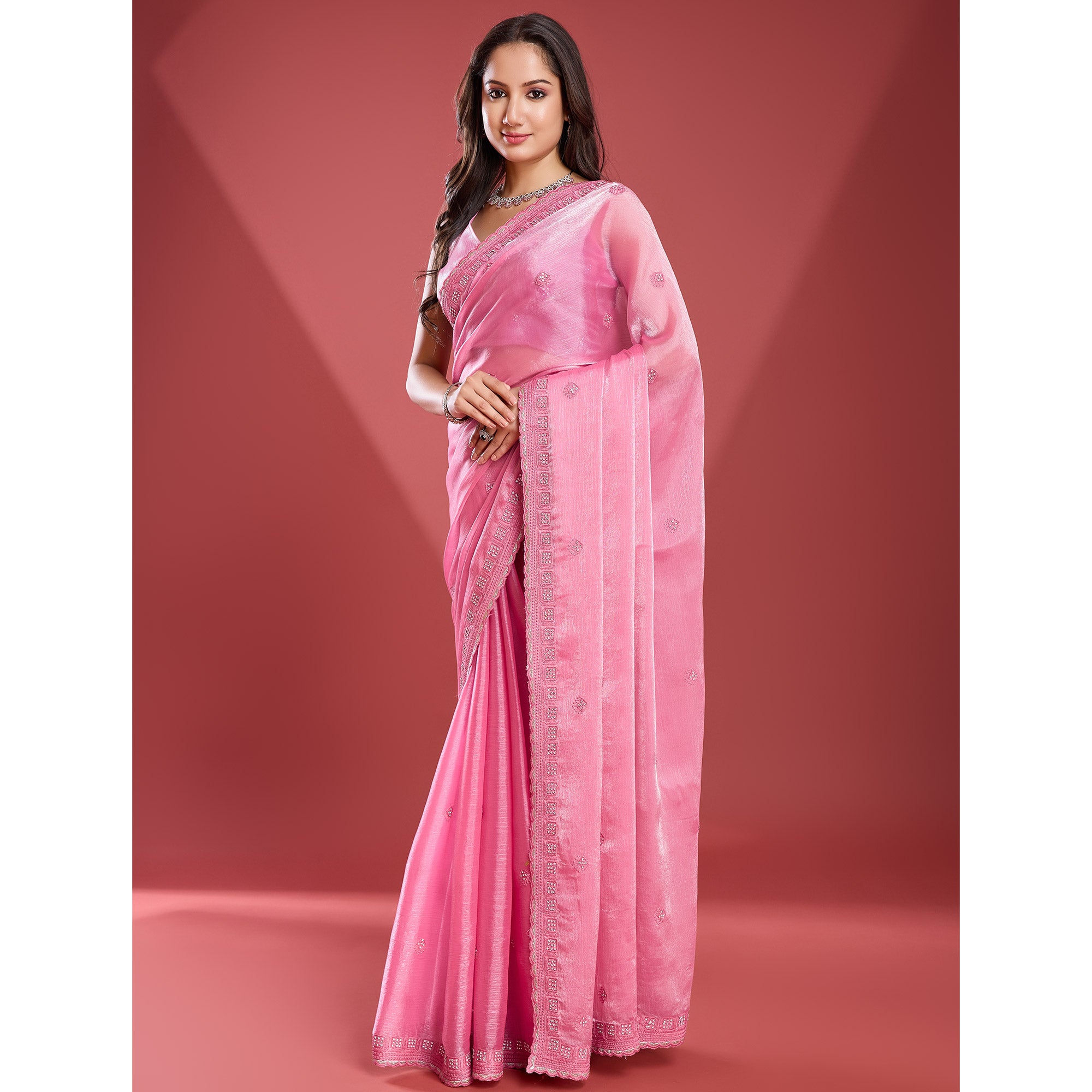 Pink Embroidered Work Tissue Saree