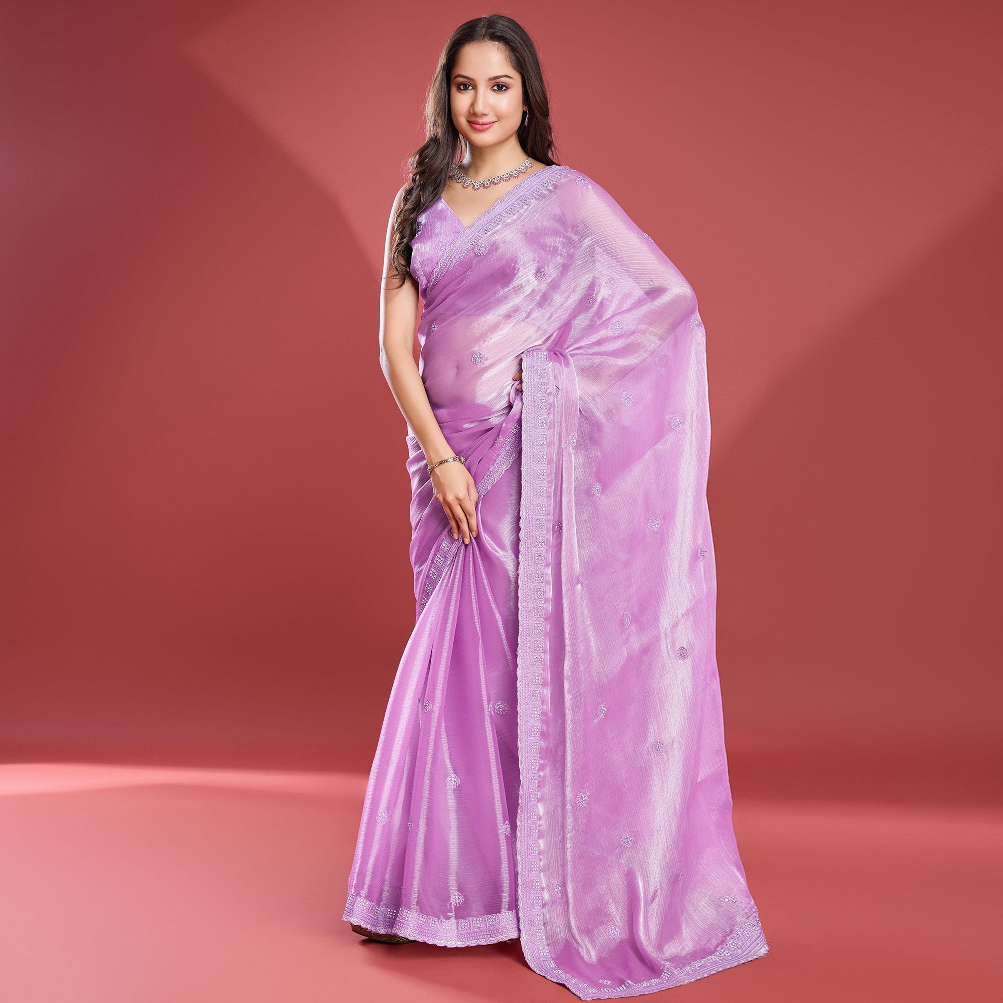 Light Purple Embroidered Work Tissue Saree