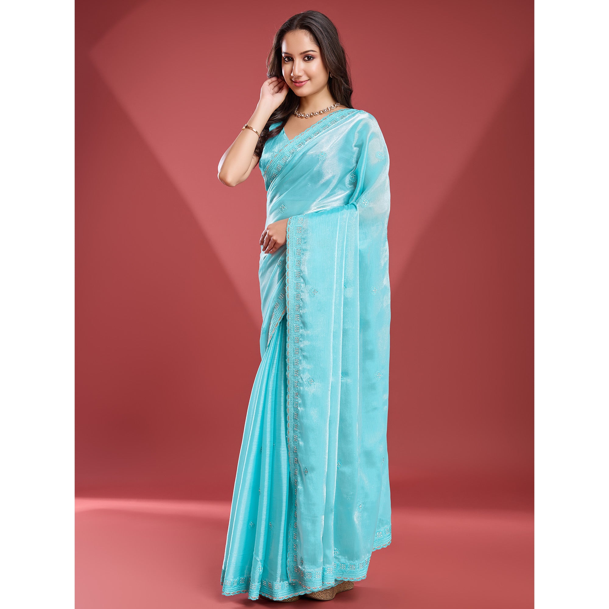 Turquoise Embroidered Work Tissue Saree