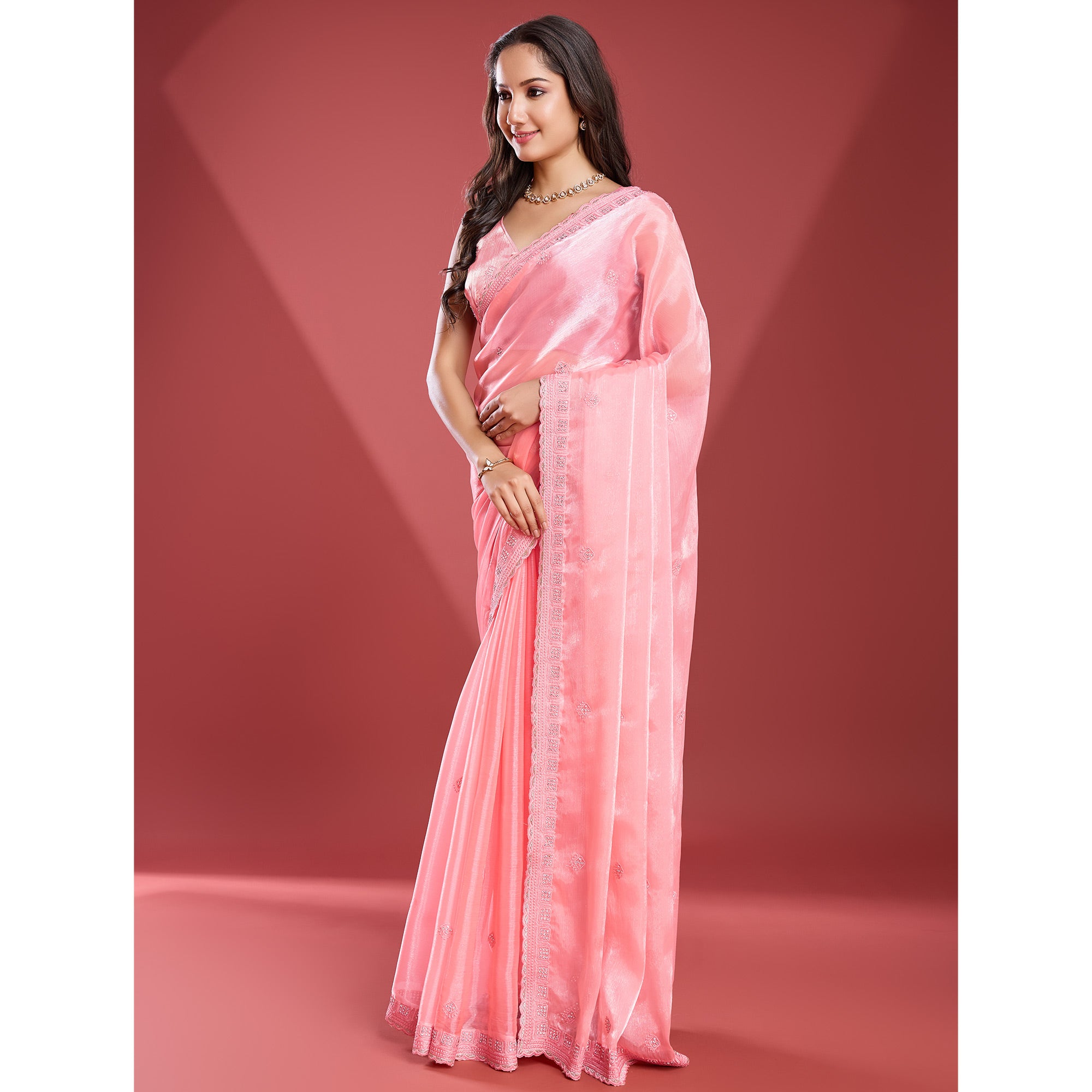 Peach Embroidered Work Tissue Saree