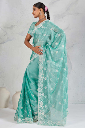 Turquoise Silk Saree with Dazzling Sequin Embroidery
