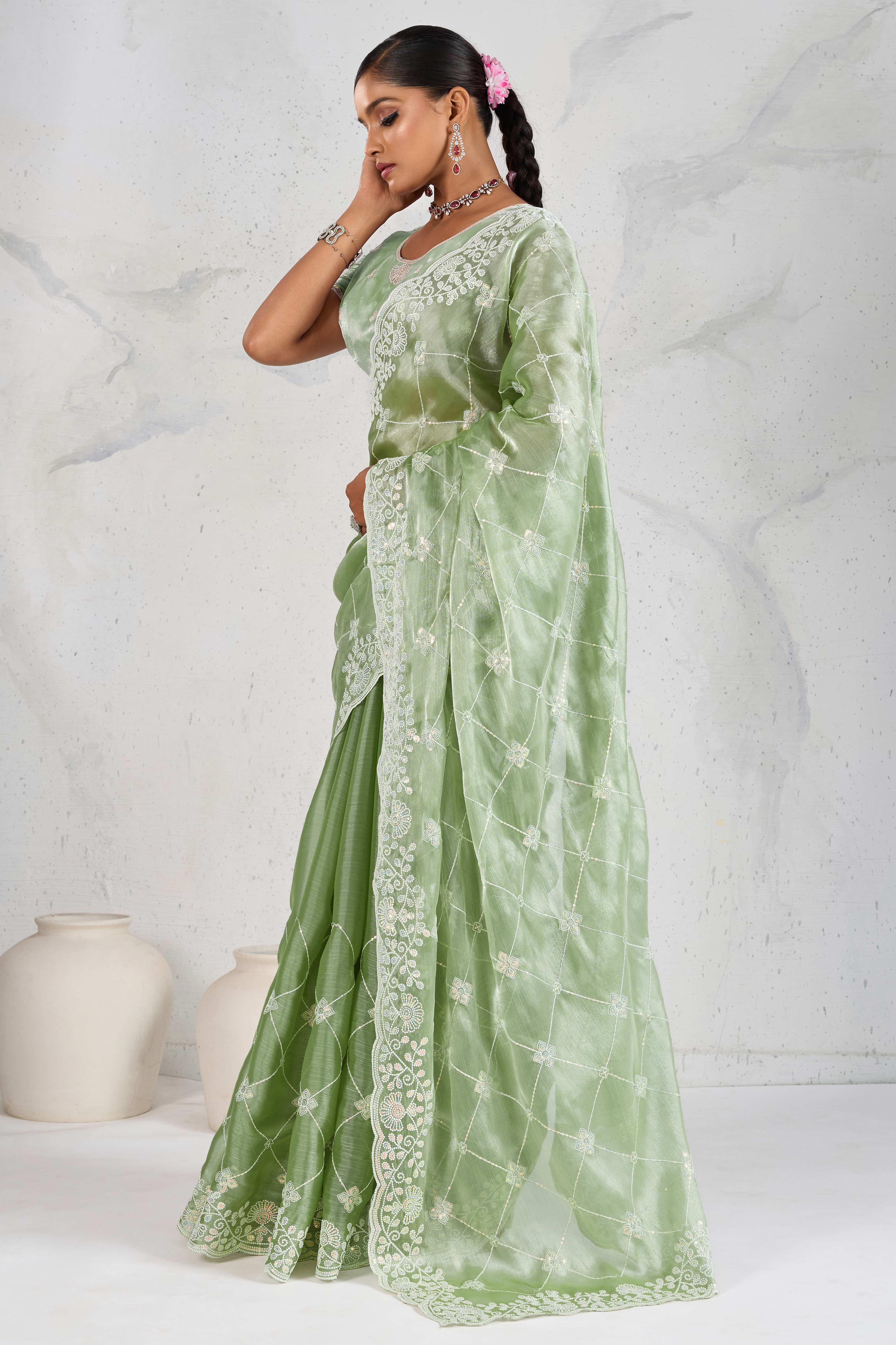 Green Silk Saree with Dazzling Sequin Embroidery