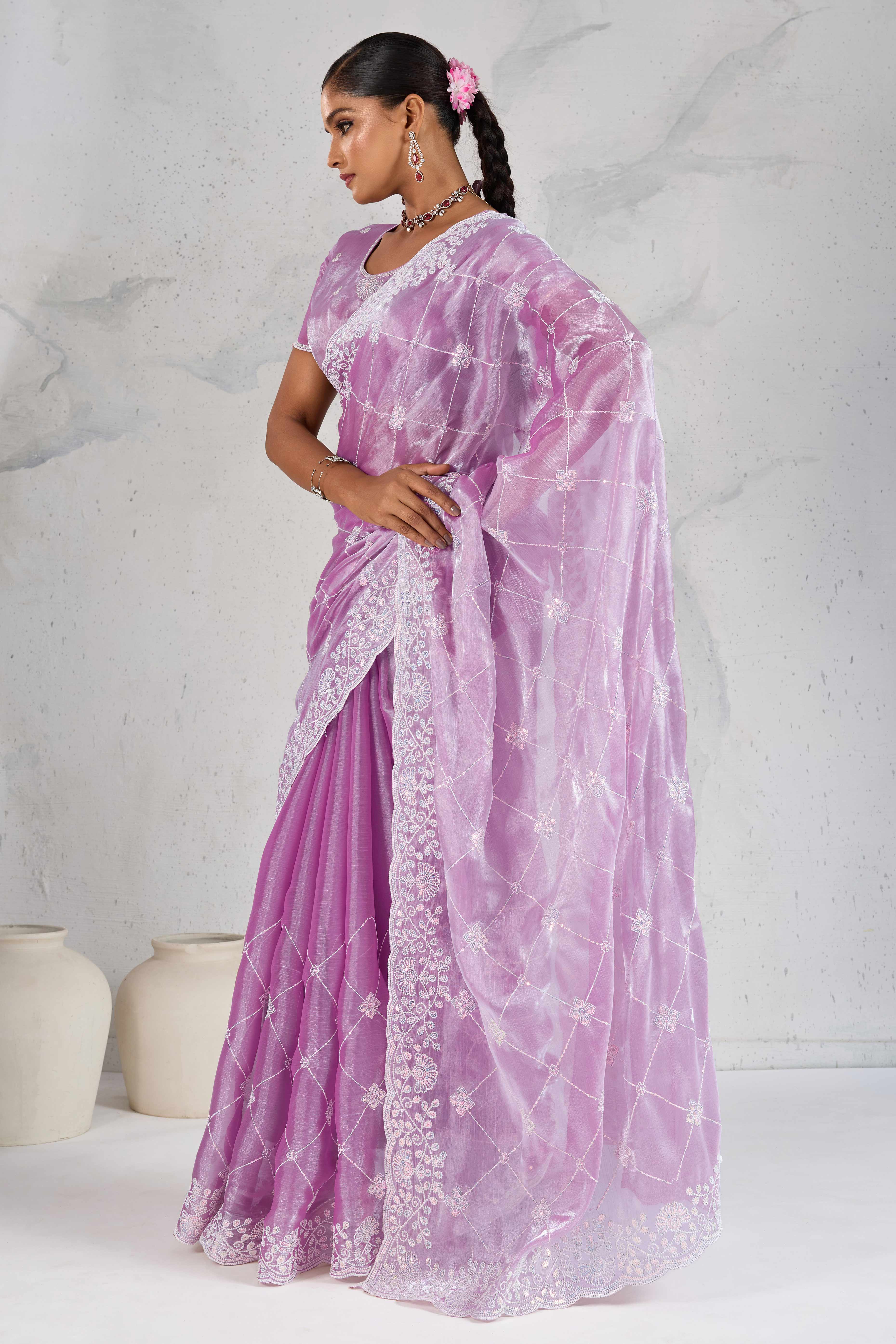 Purple Silk Saree with Dazzling Sequin Embroidery