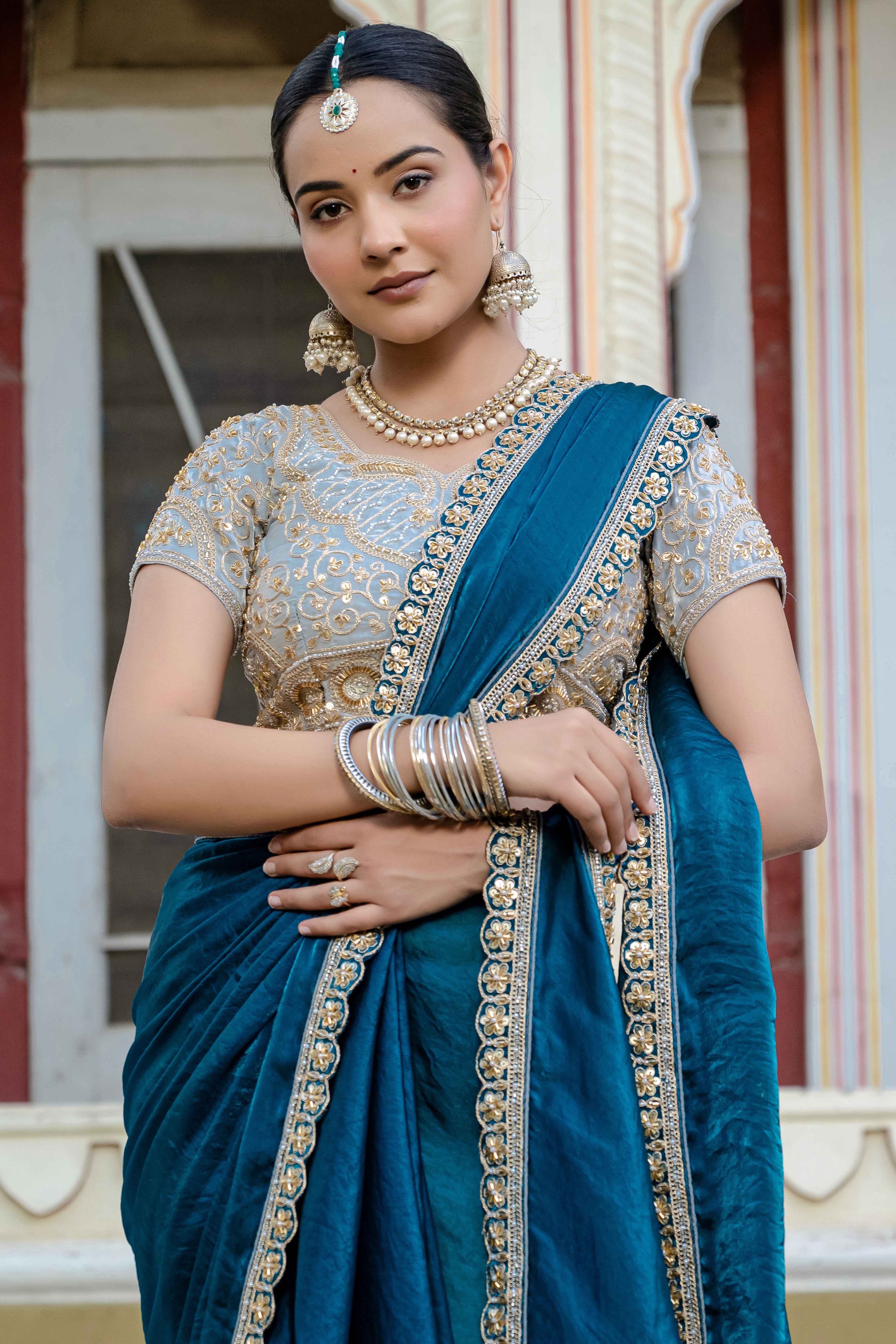 Morpich Blue Satin Velvet Saree Adorned With Handcrafted Sequins Beads & Pearl Embellishments