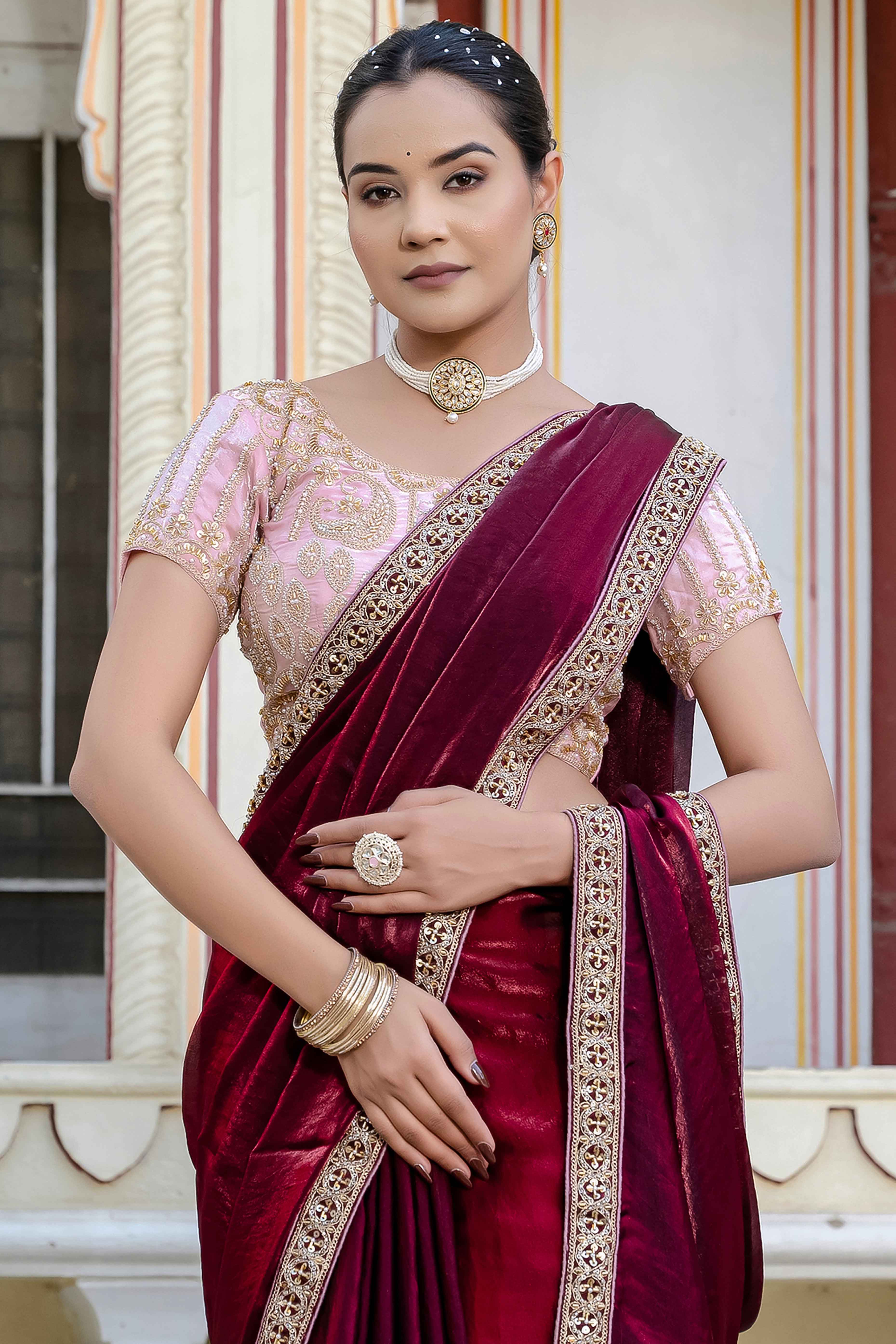 Maroon Satin Velvet Saree Adorned With Handcrafted Sequins Beads & Pearl Embellishments
