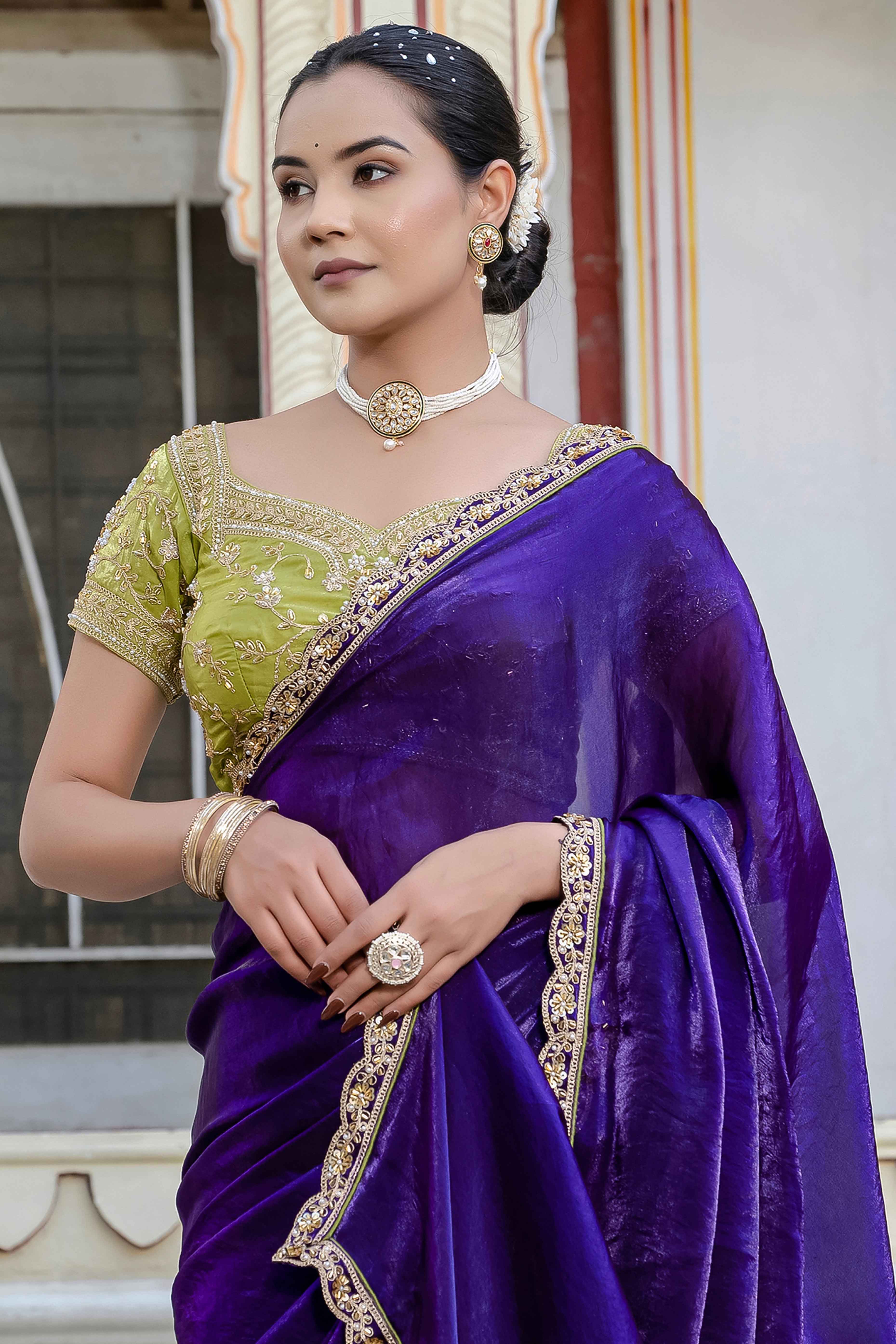 Violet Satin Velvet Saree Adorned With Handcrafted Sequins Beads & Pearl Embellishments