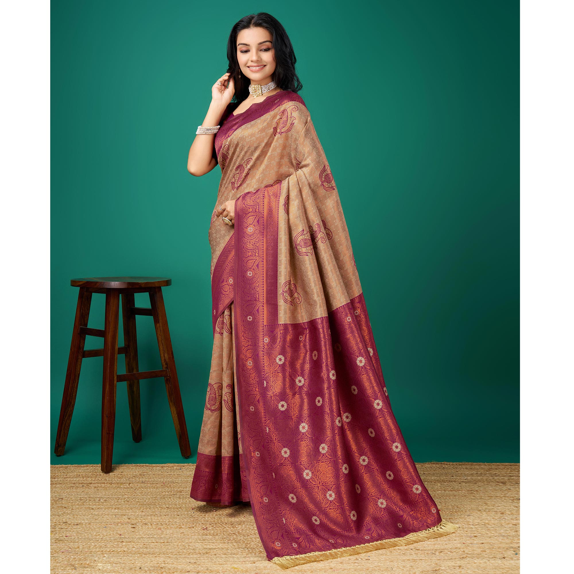 Chikoo Zari Woven Banarasi Silk Saree With Tassels