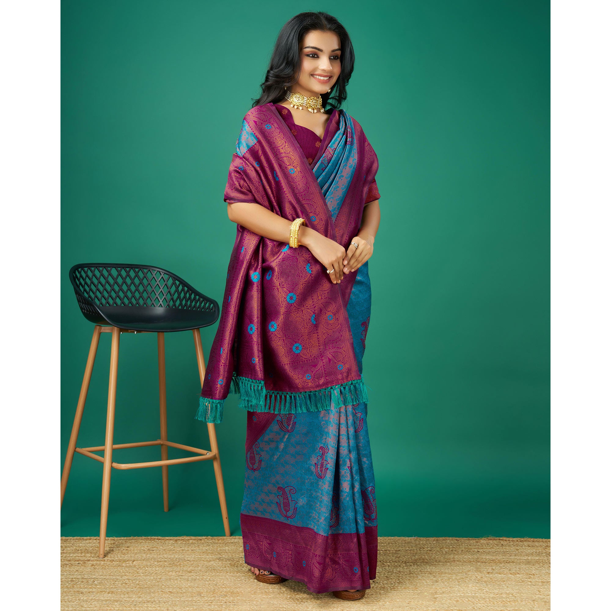 Blue Zari Woven Banarasi Silk Saree With Tassels