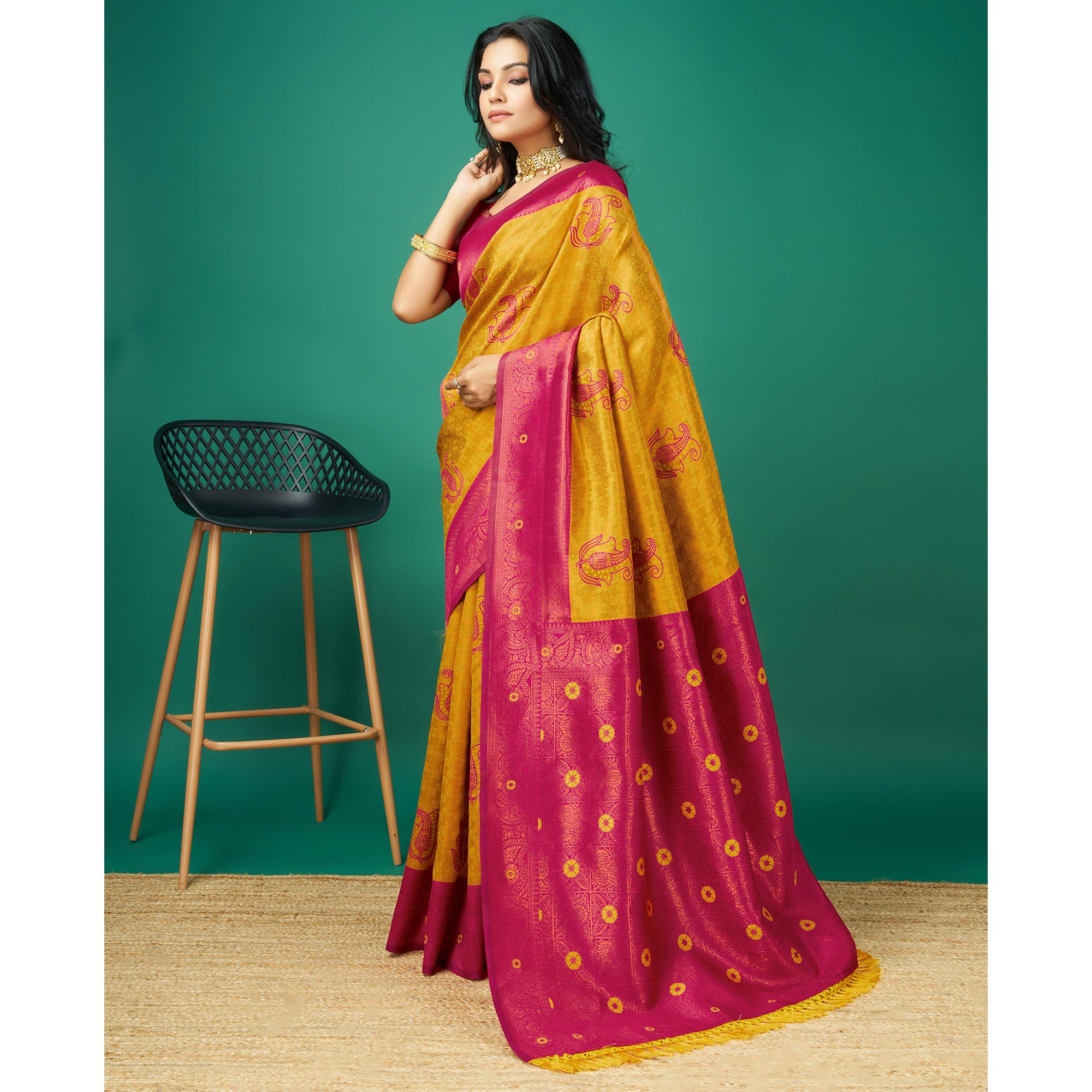 Gold Zari Woven Banarasi Silk Saree With Tassels