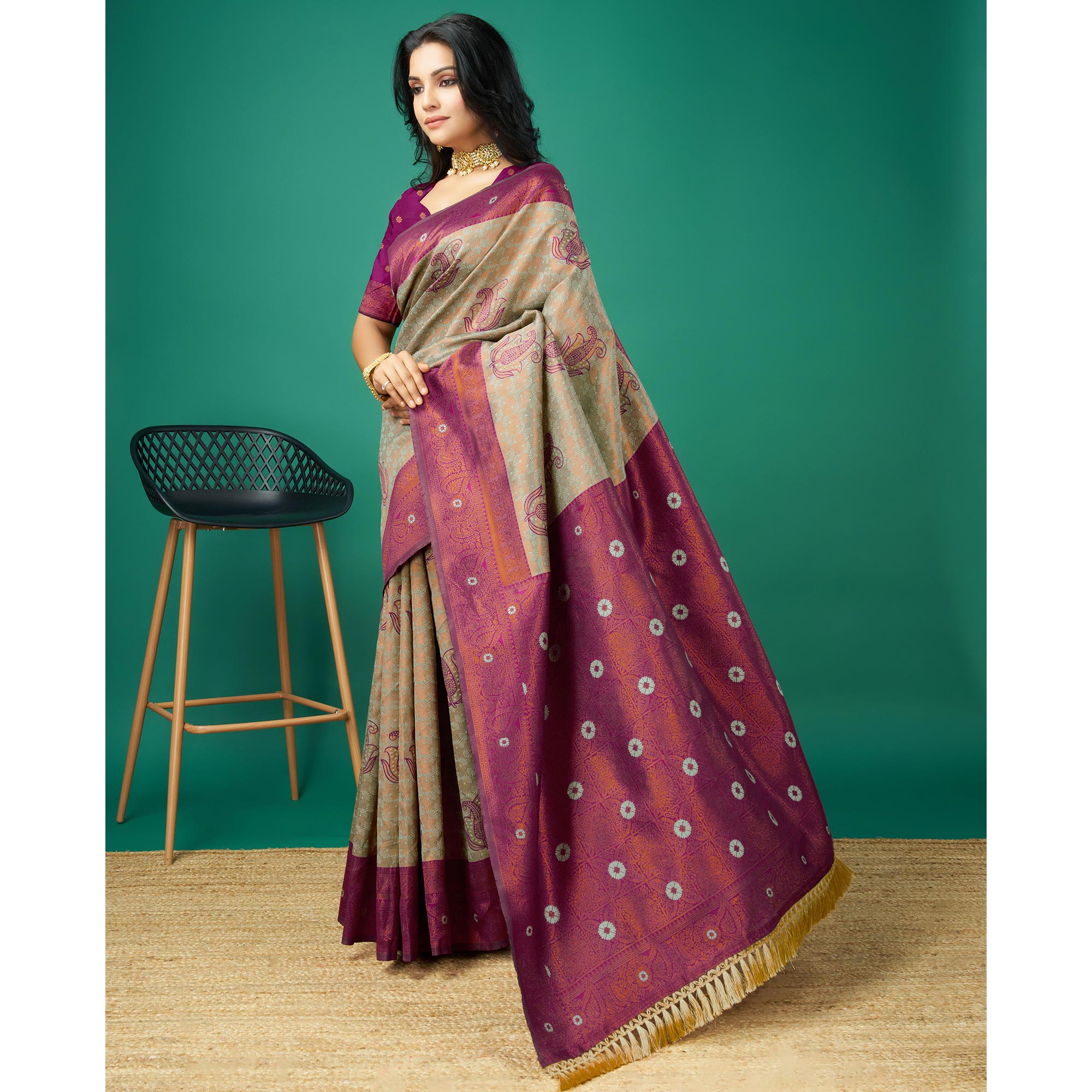 Light Copper & Grey Zari Woven Banarasi Silk Saree With Tassels