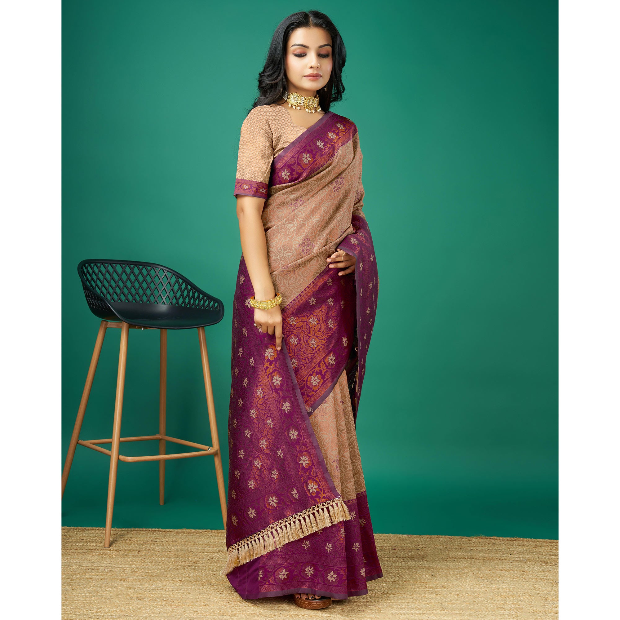 Chikoo Zari Woven Banarasi Silk Saree With Tassels