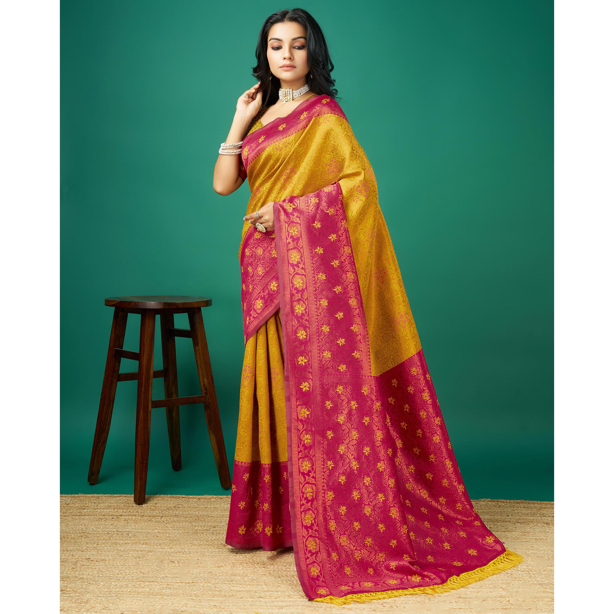 Gold Zari Woven Banarasi Silk Saree With Tassels