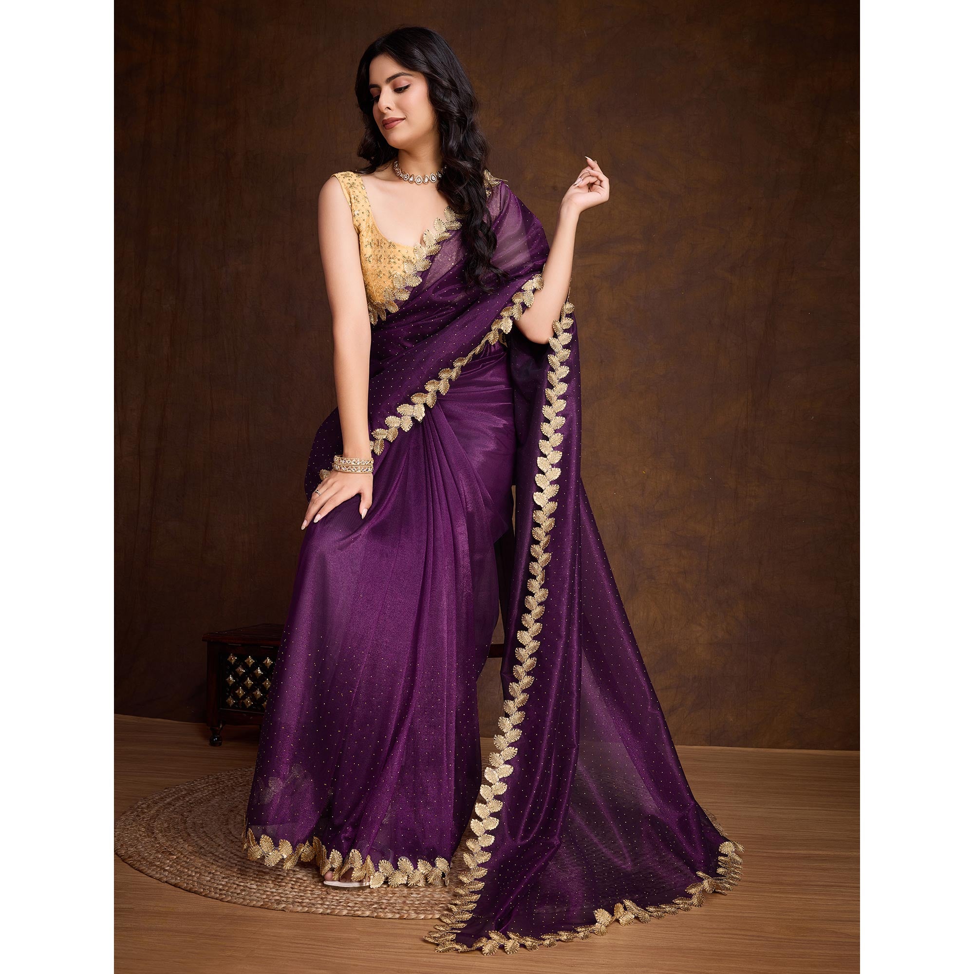 Wine Swarovski Work Shimmer Net Saree