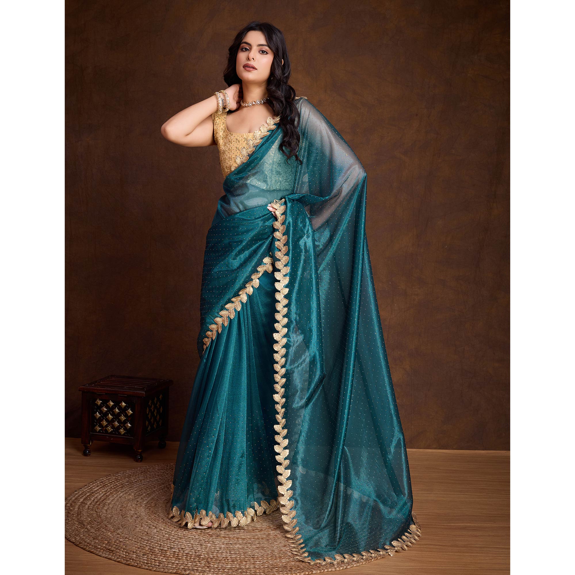 Morpich Blue Swarovski Work Shimmer Net Saree