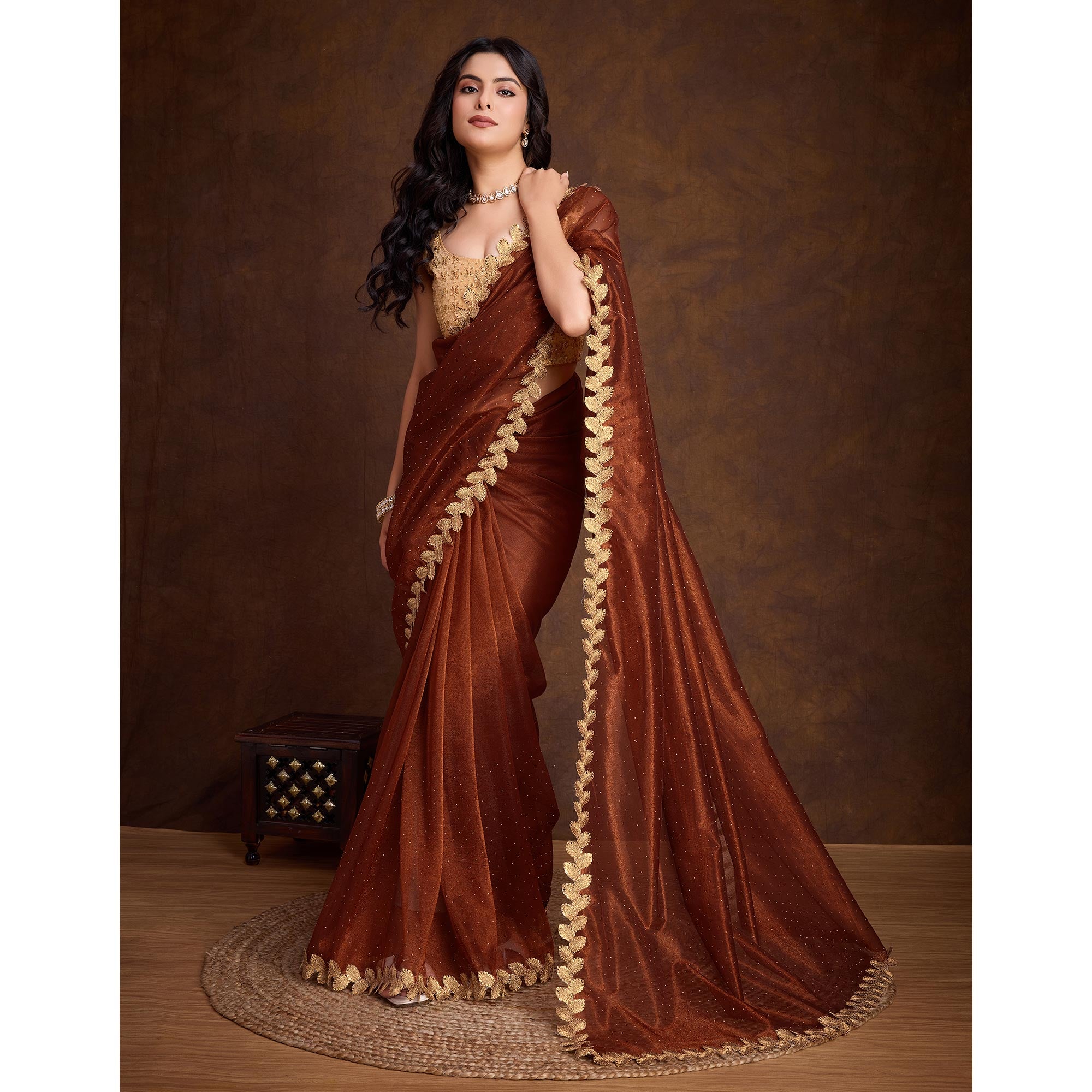 Brown Swarovski Work Shimmer Net Saree