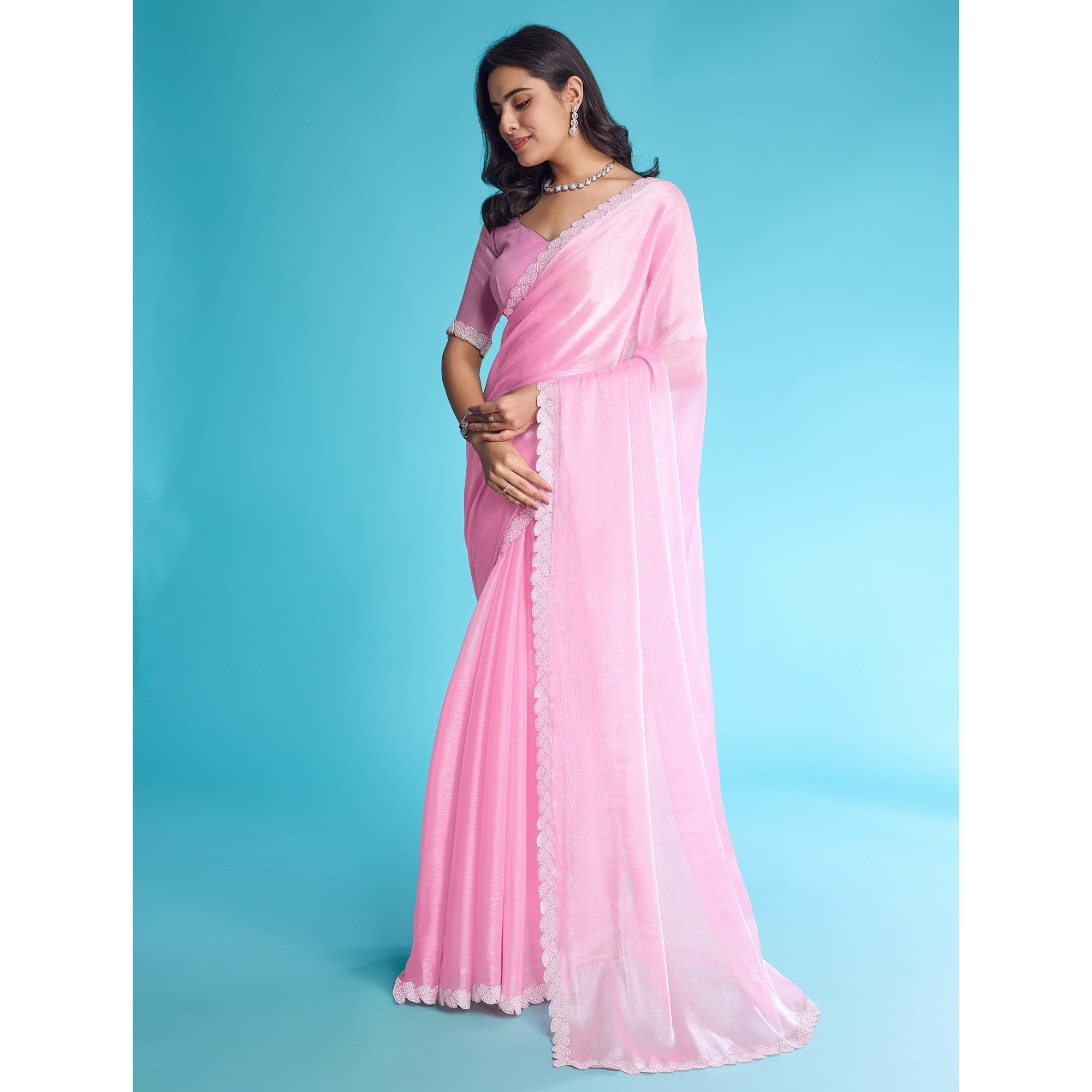 Pink Solid With Zarkan & Ceramic Pearl Diamond Lace Tissue Saree