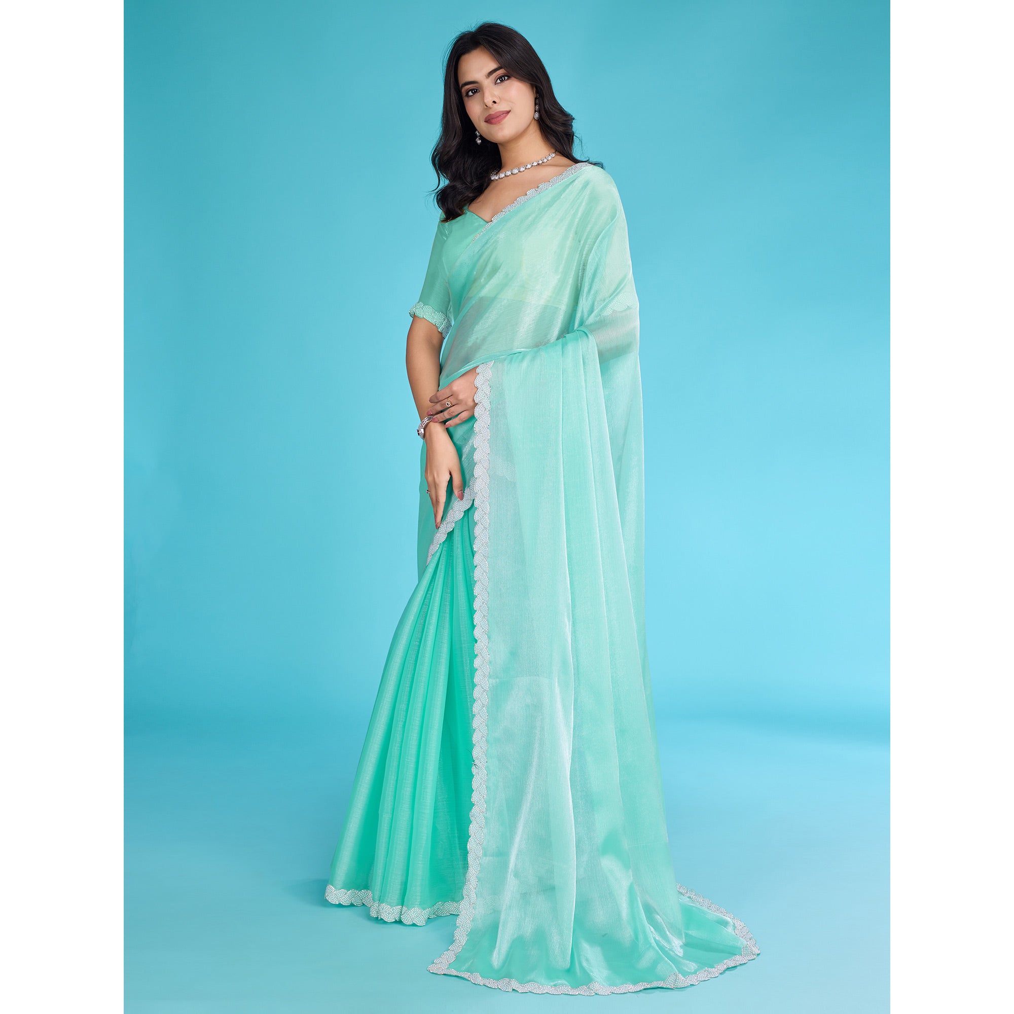 Turquoise Solid With Zarkan & Ceramic Pearl Diamond Lace Tissue Saree