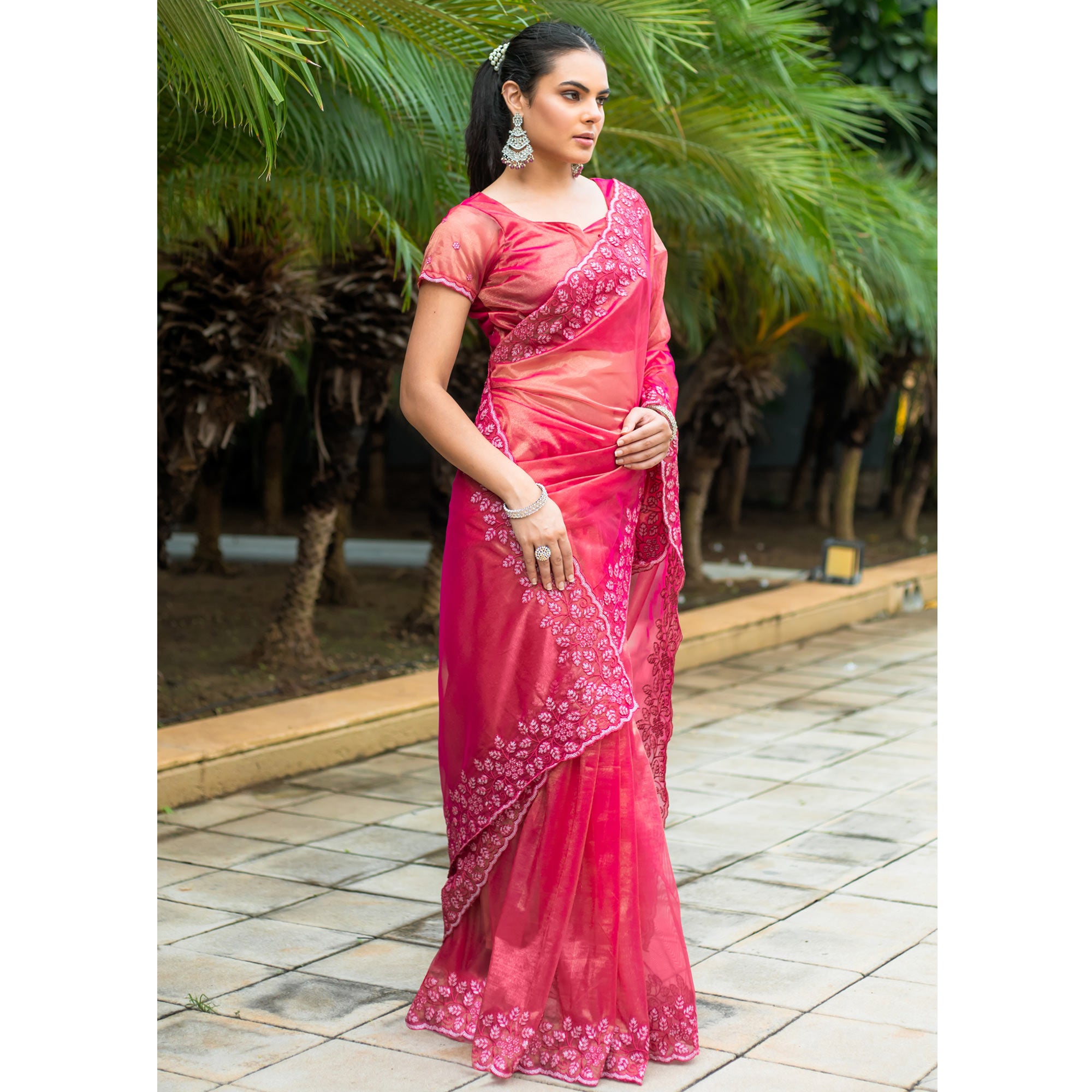 Pink Floral Sequins Embroidered Twill Net Saree