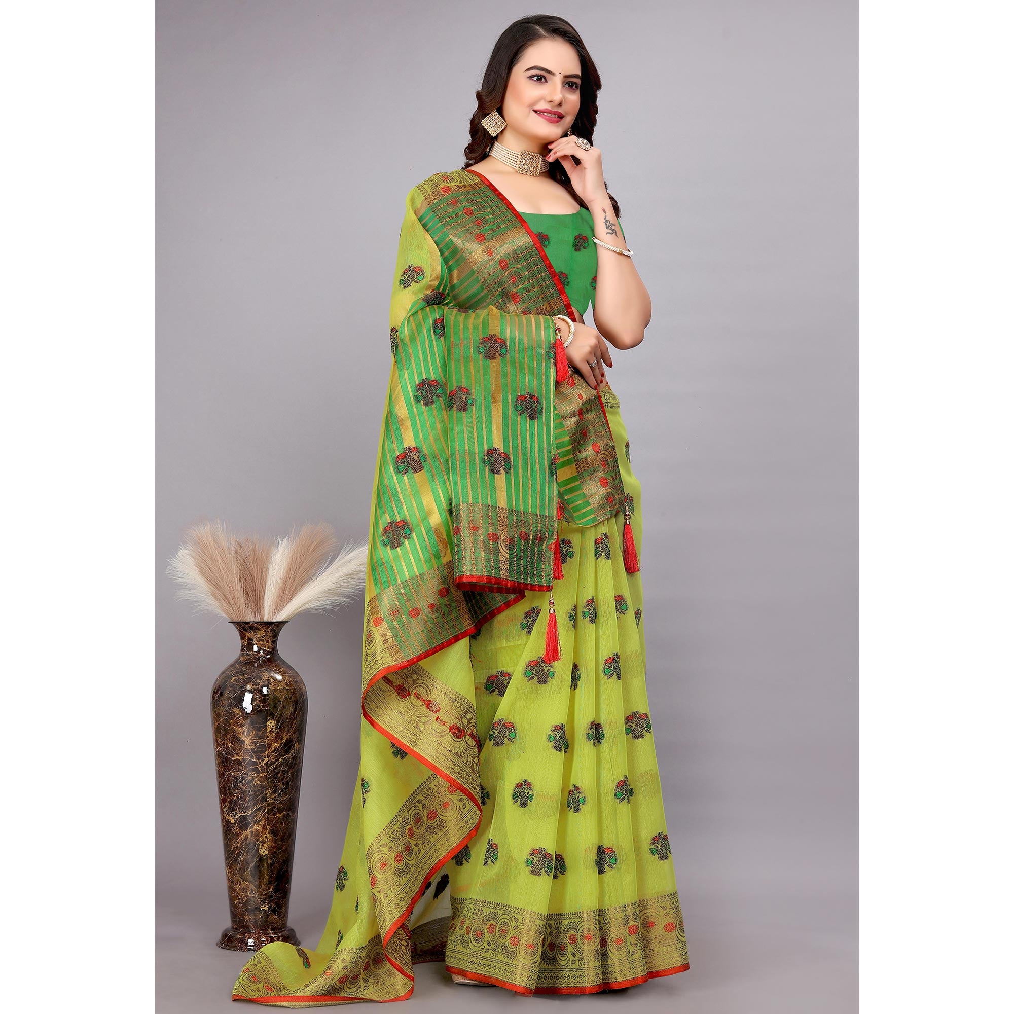 Lime Green Floral Woven Cotton Silk Saree With Tassels