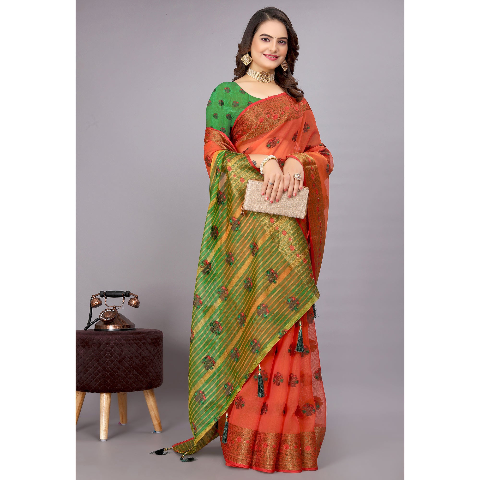 Red Floral Woven Cotton Silk Saree With Tassels