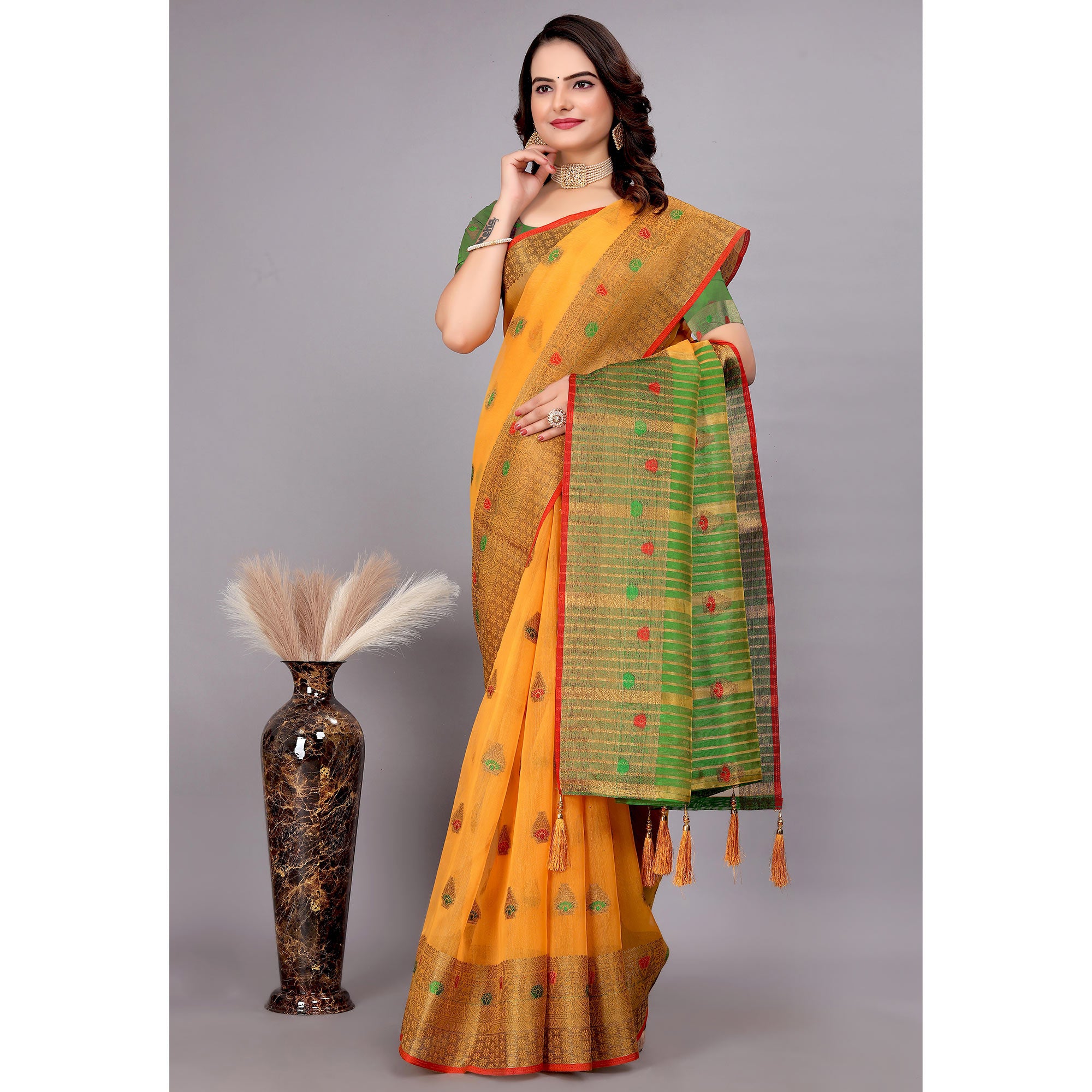 Yellow Floral Woven Cotton Silk Saree With Tassels